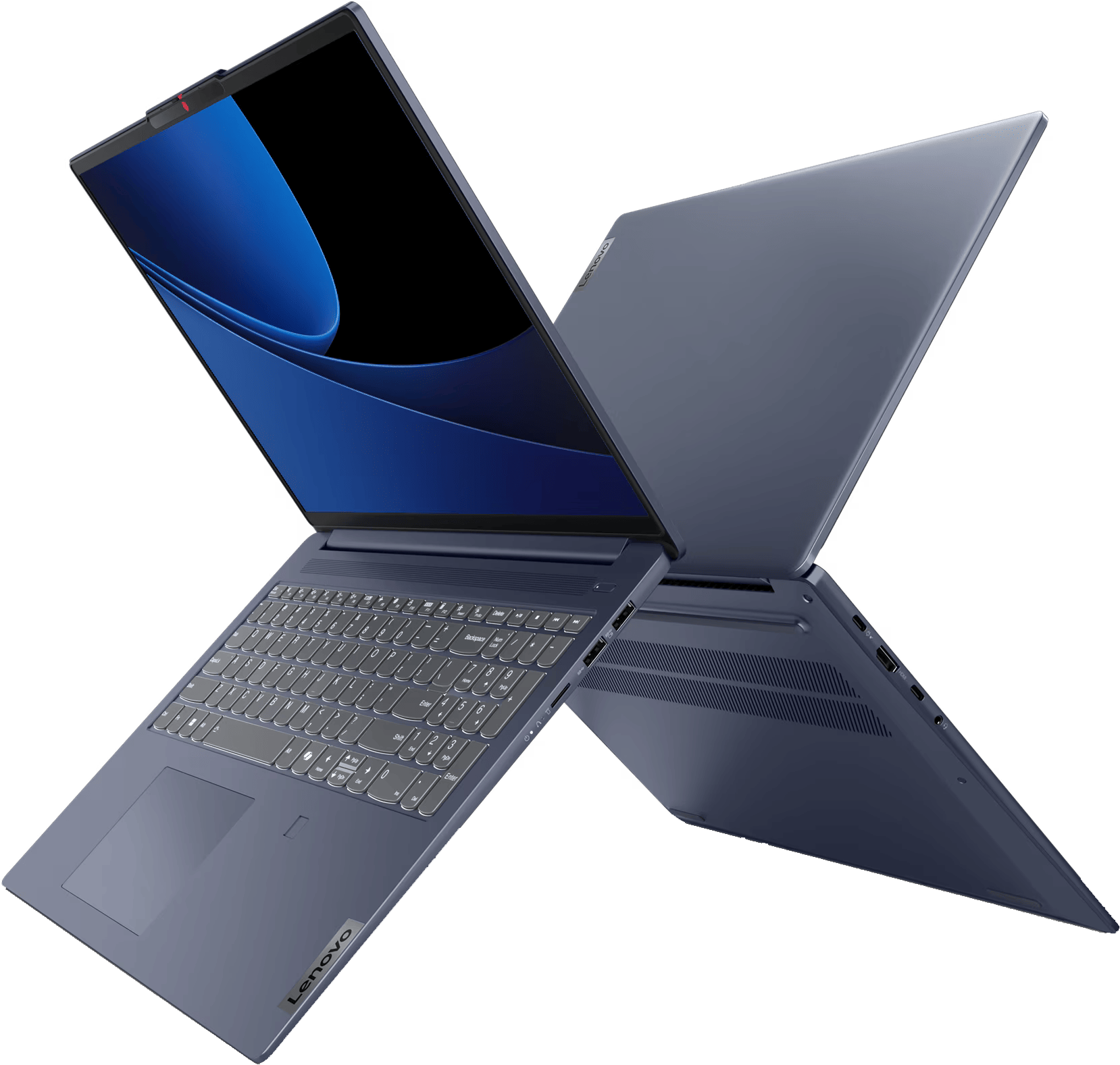 Kékesszürke laptop, szögben nyitva, képernyőt mutat. A fedél szintén nyitva van.
