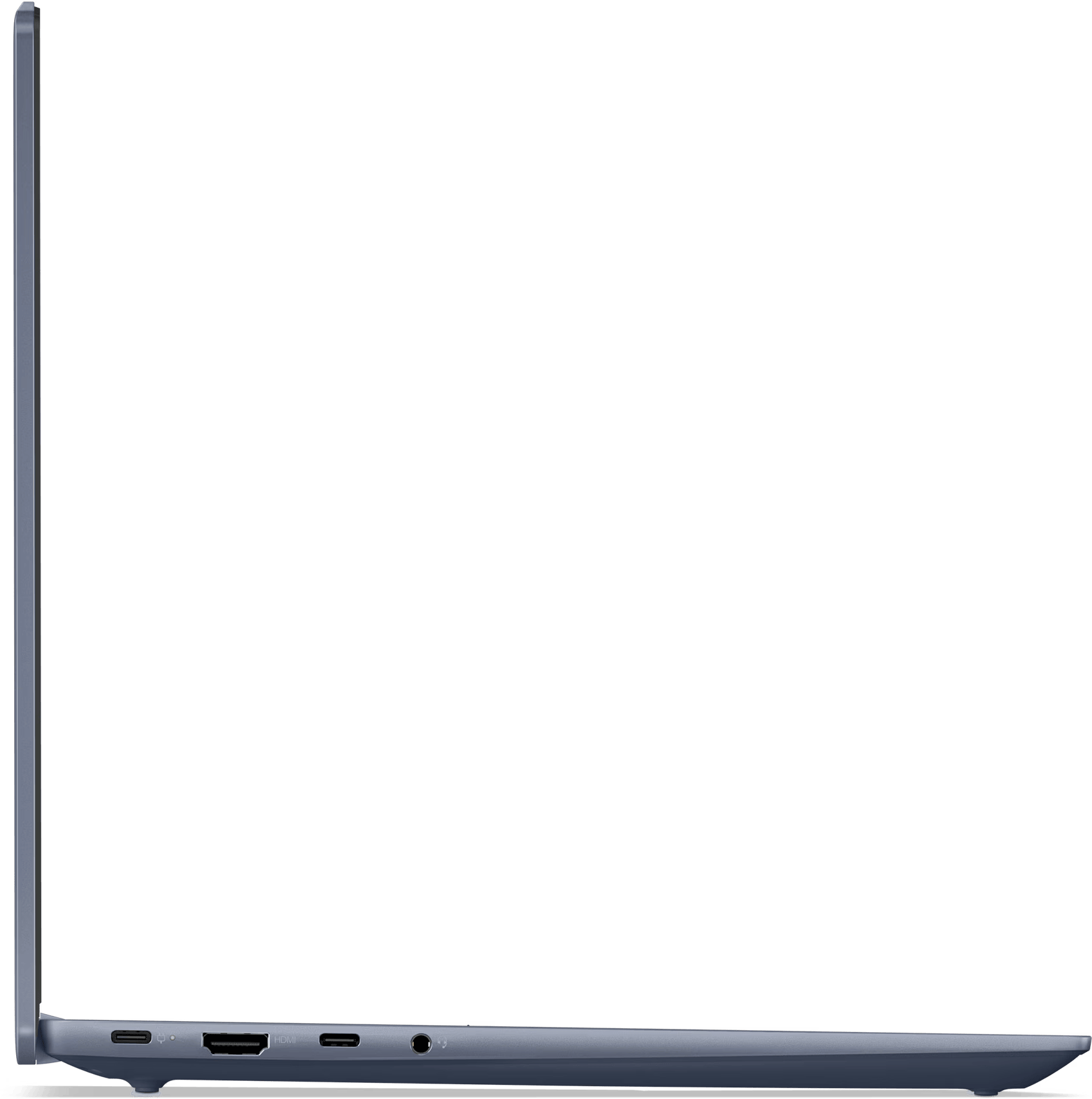 Kék laptop oldalsó nézete képernyővel, portokkal és fekete háttérrel.
