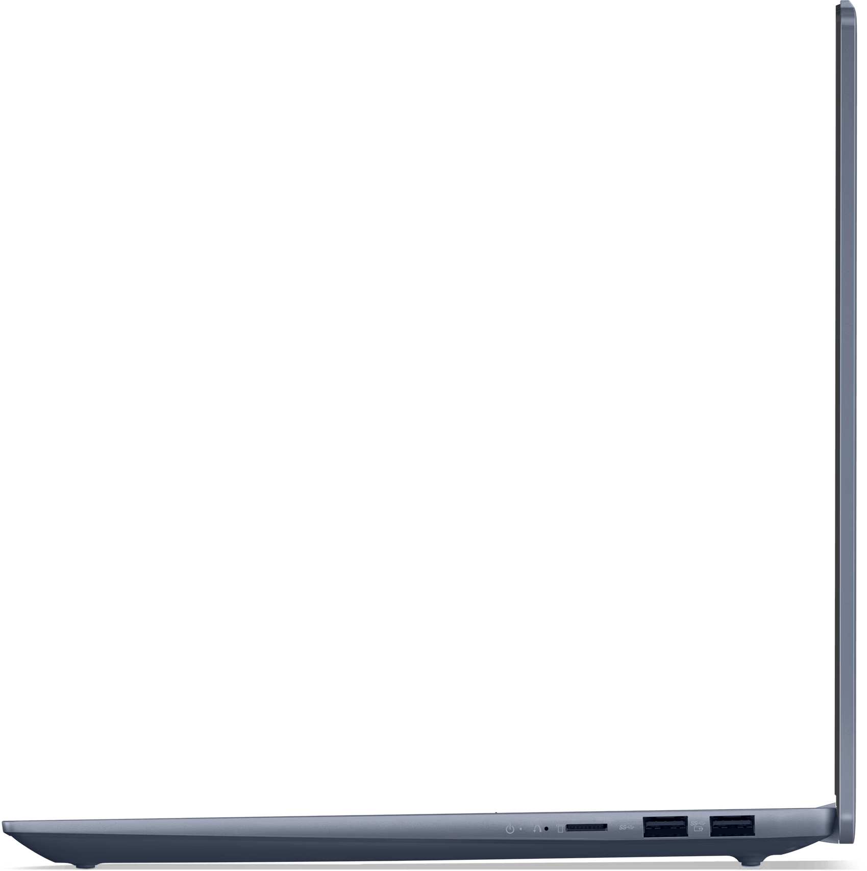 Egy kék Lenovo laptop oldalsó nézete, a portokat és a vastagságot mutatva.