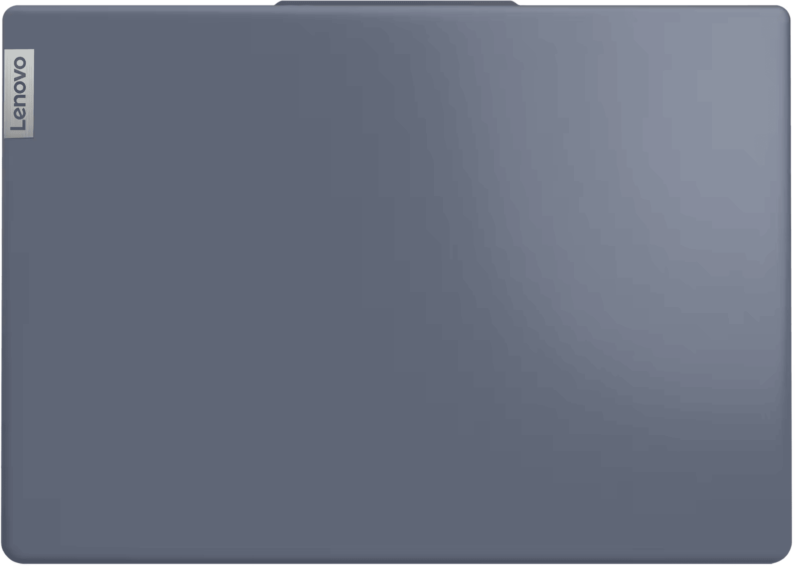 Egy zárt laptop Lenovo logóval. A laptop kék.