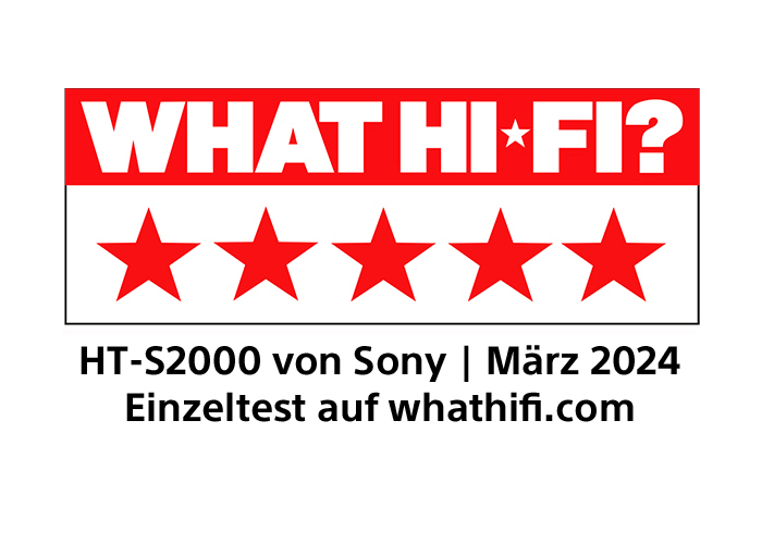 Rettangolo rosso con 'WHAT HI*FI?' bianco e cinque stelle rosse, con testo.