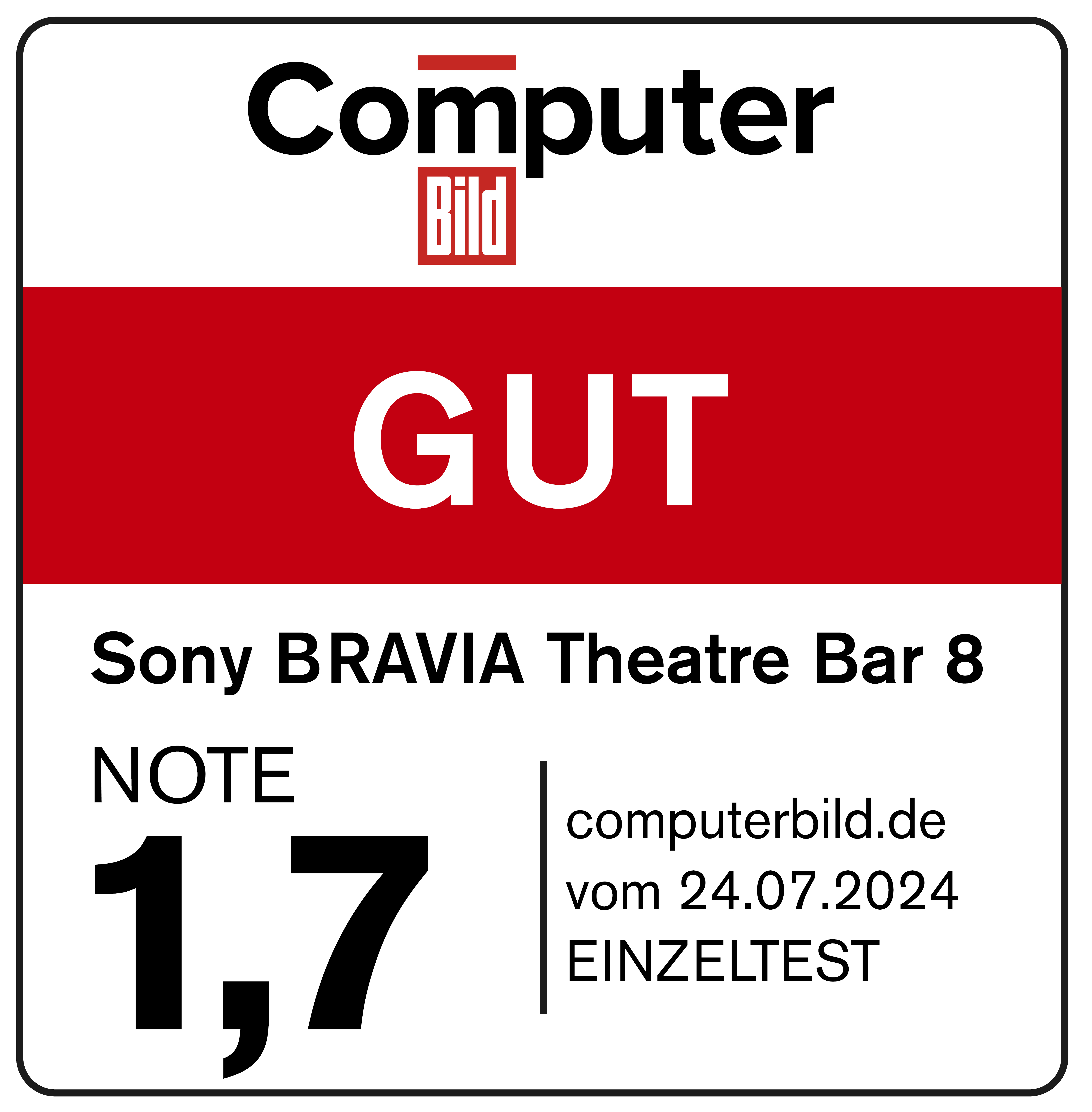 Revue Computer Bild du Sony BRAVIA Theatre Bar 8, noté 'BON' avec une note de 1,7.