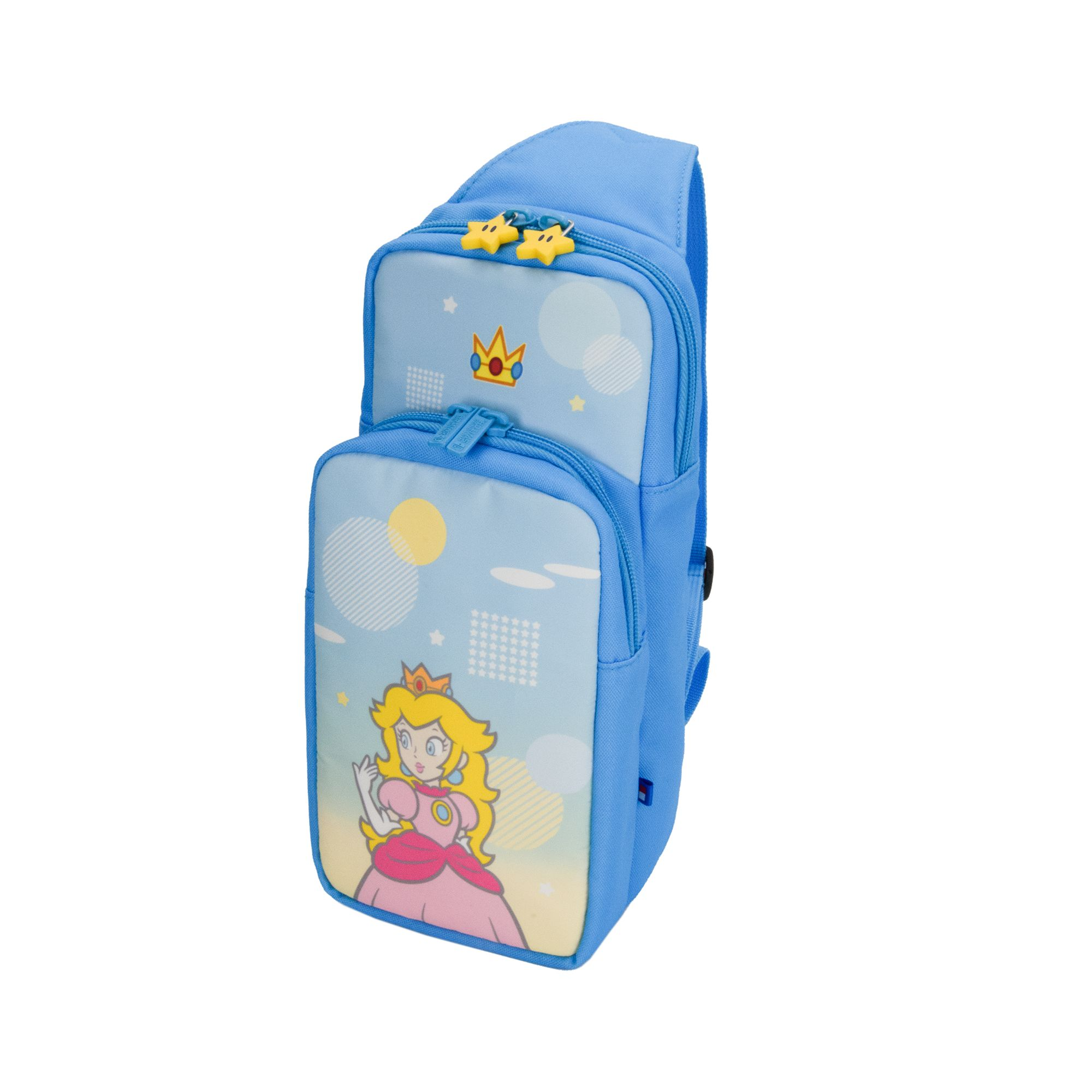 Blauer Rucksack mit Prinzessin Peach Design und Krone, weißer Hintergrund.
