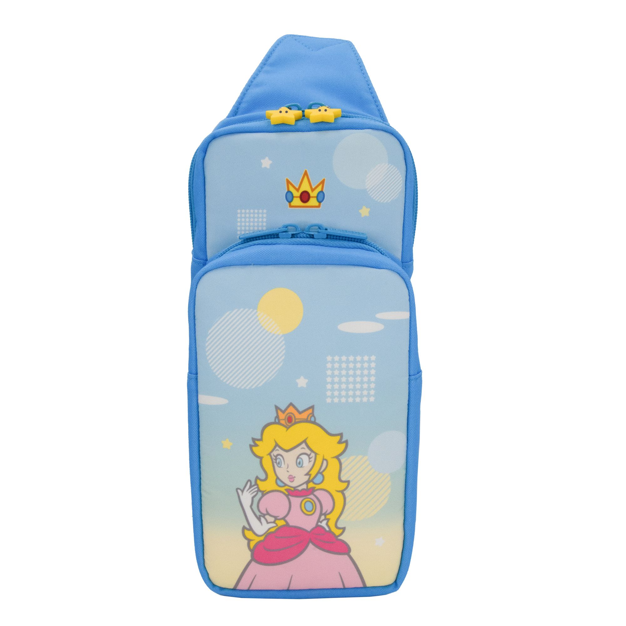 Blaue Tasche mit Prinzessin Peach-Design, Krone und Sternen auf hellblauem Hintergrund.