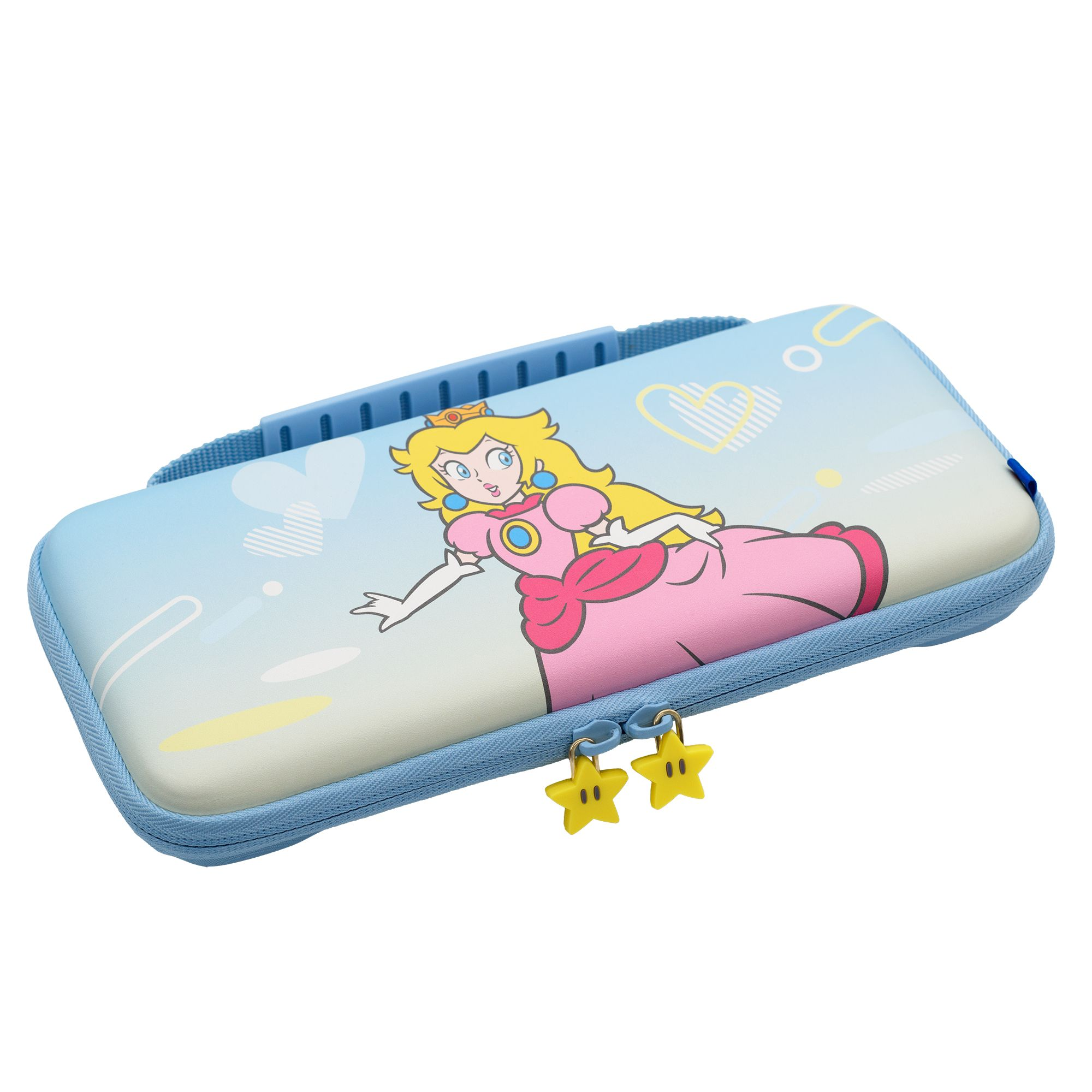 Ein hellblaues Etui mit Prinzessin Peach und gelben Sternreißverschlüssen.