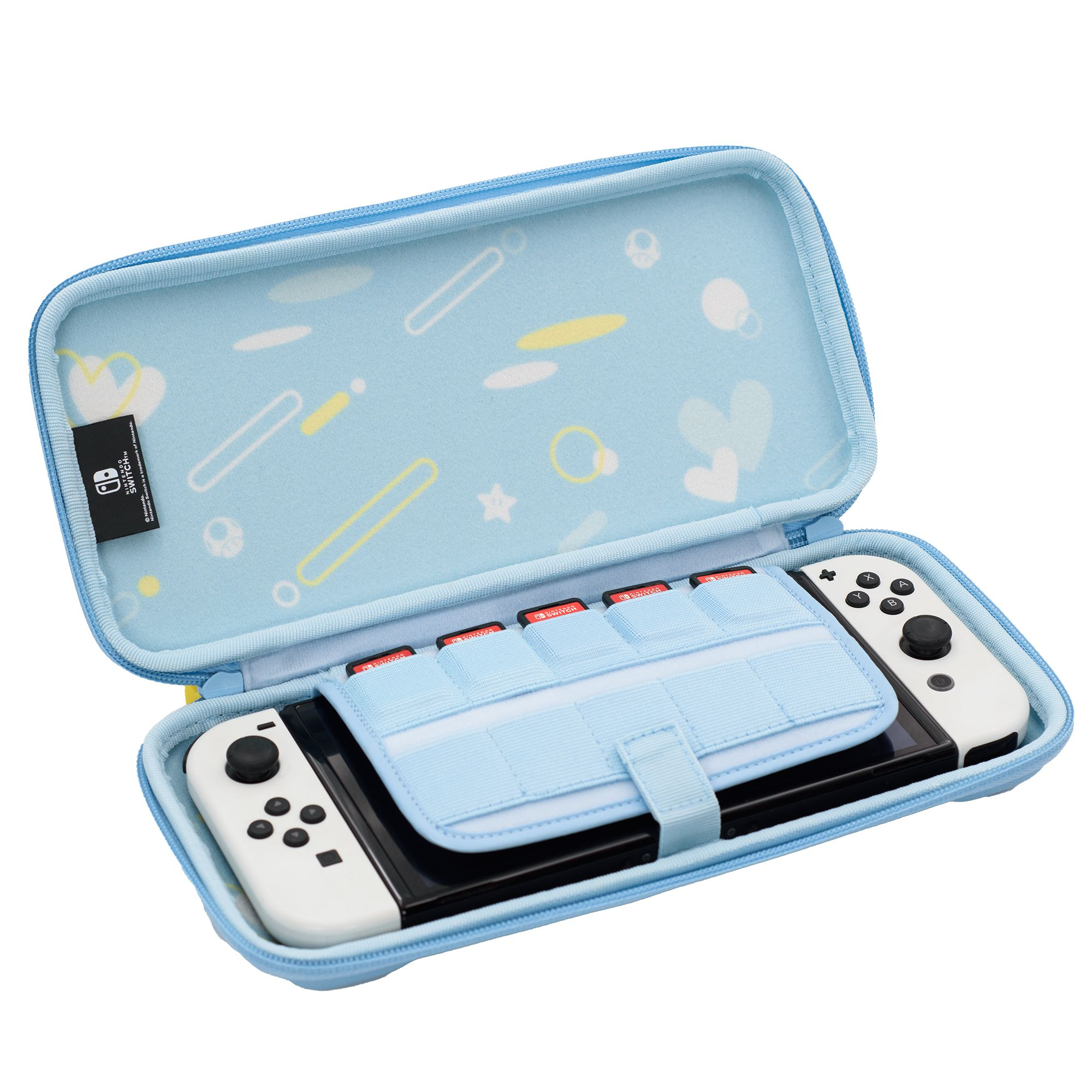 Offenes hellblaues Etui mit einer Nintendo Switch und Controllern darin.