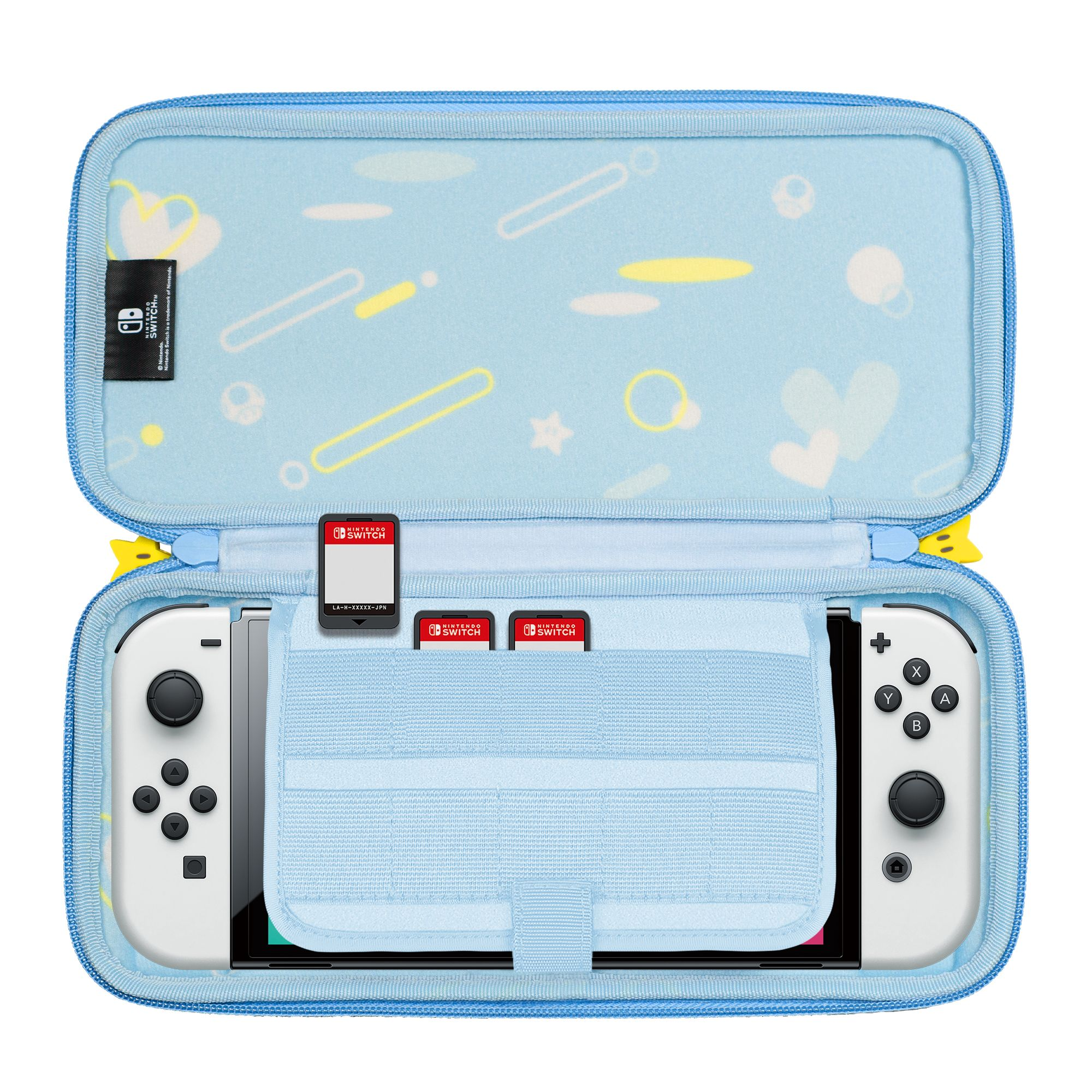 Eine blaue Tragetasche für eine Nintendo Switch, mit Konsole und Spielkassetten.
