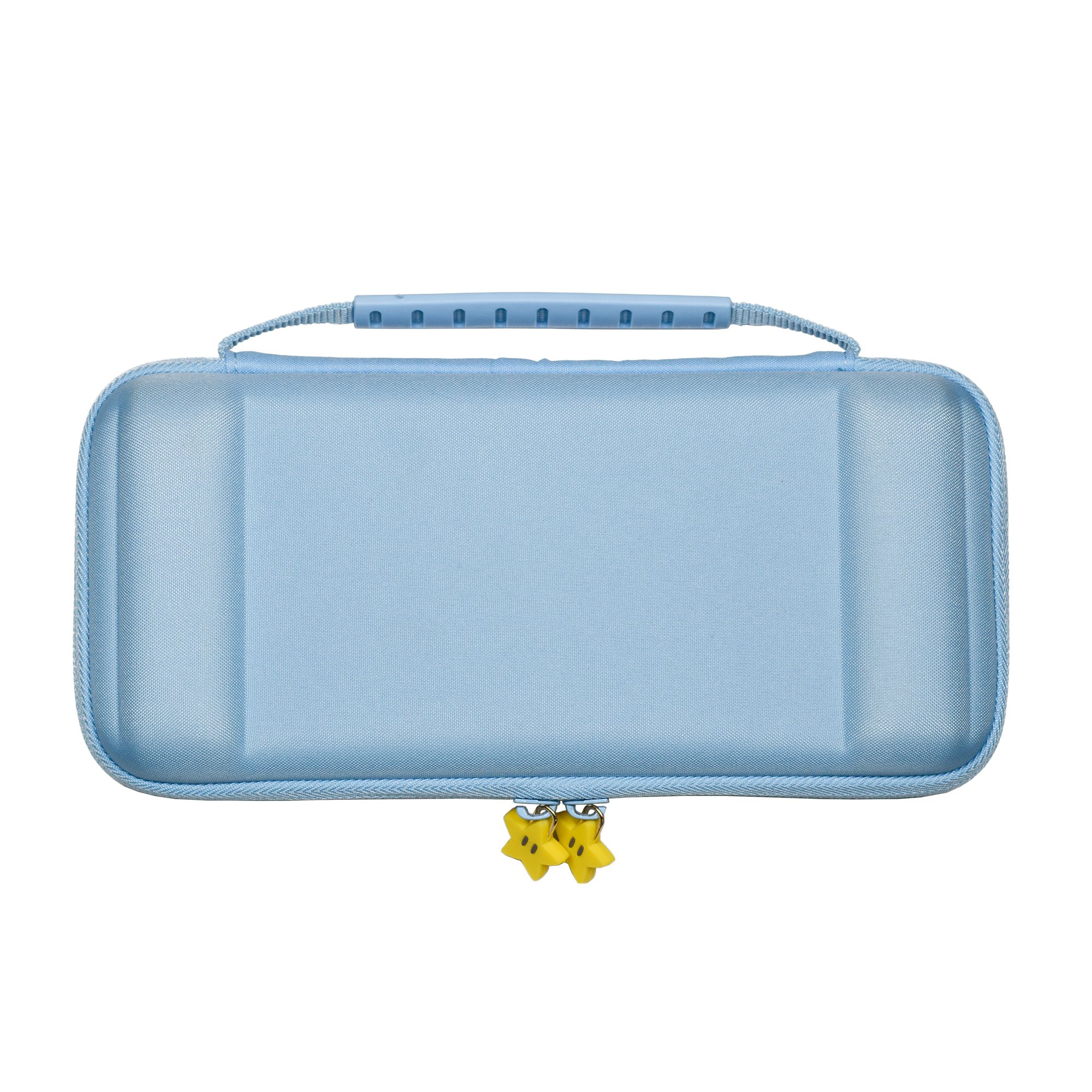 Blaue Nintendo Switch-Hülle mit Griff und gelben sternförmigen Reißverschluss-Anhängern. Mesh-Front.