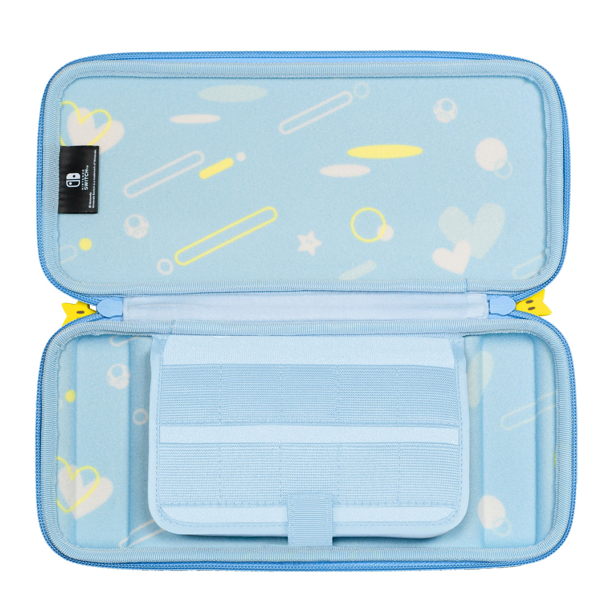 Offene blaue Nintendo Switch-Tragetasche mit hellblauem Innenraum und verschiedenen bunten Designs.