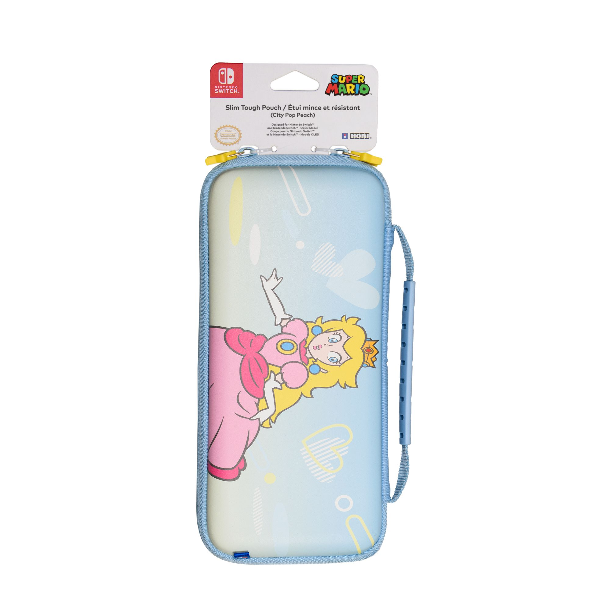 Eine rosa gekleidete Prinzessin Peach auf einem blauen Nintendo Switch-Etui mit Super Mario Logo.