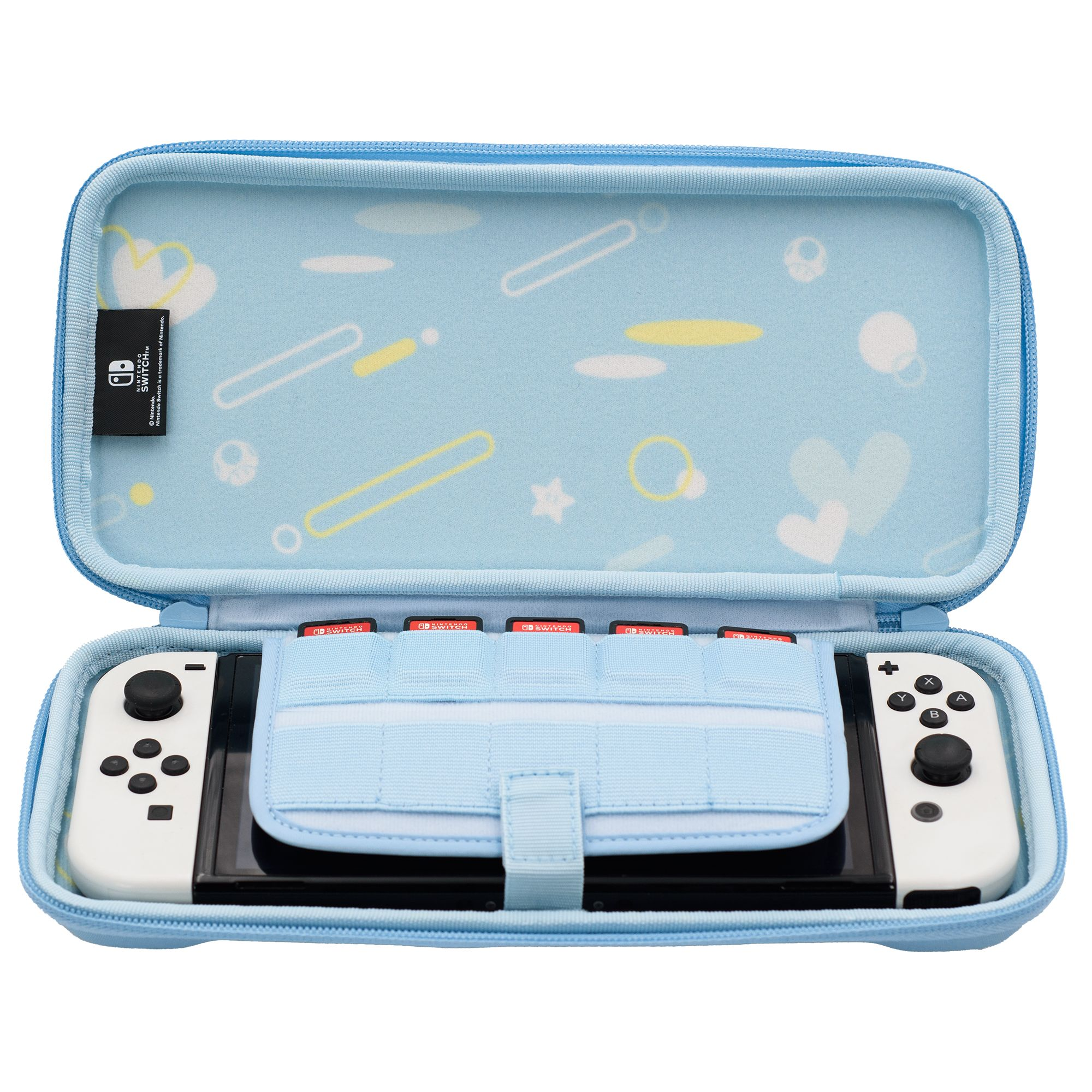 Switch-Reisetasche geöffnet. Die Tasche ist blau und enthält eine Switch-Konsole und Zubehör.