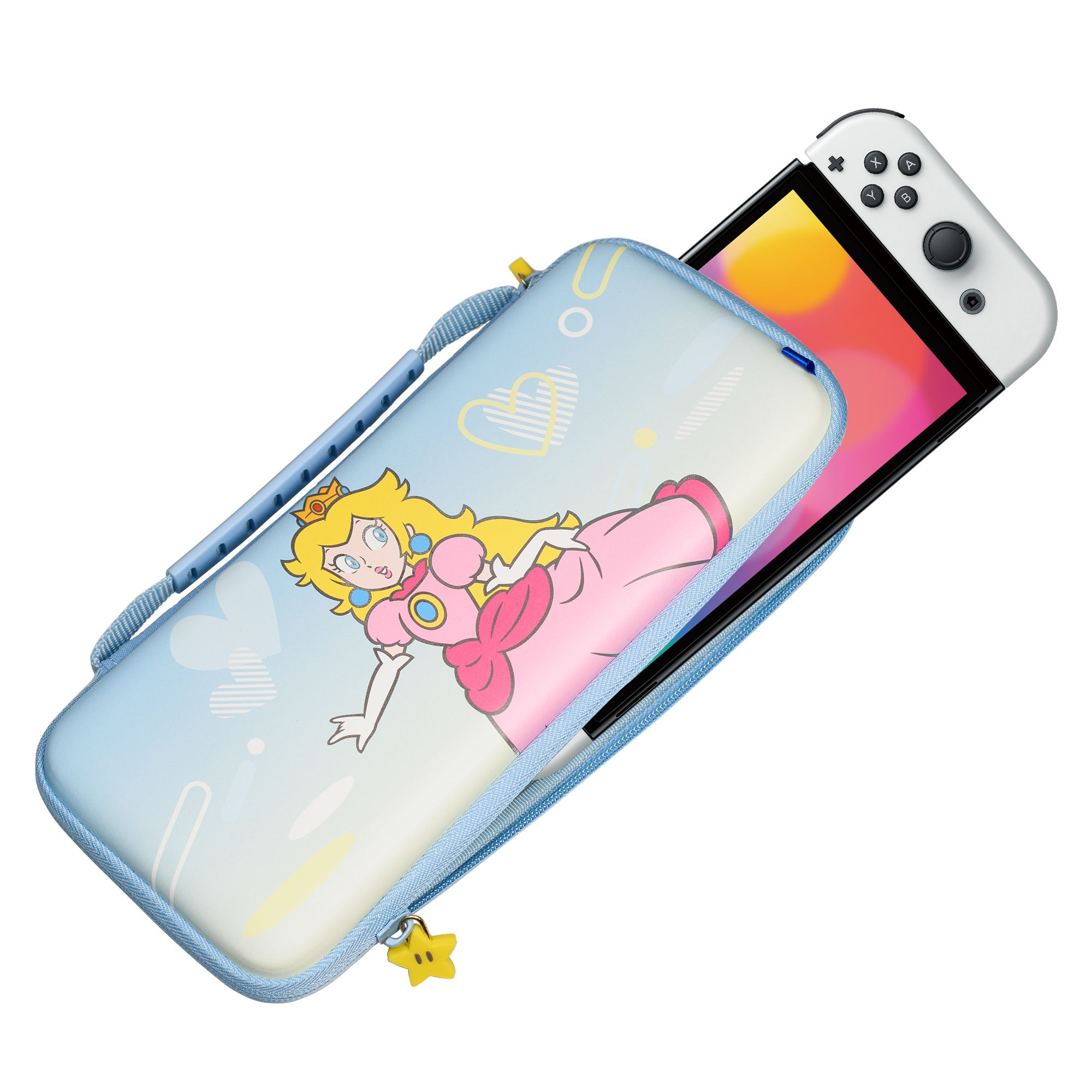 Nintendo Switch Konsole in einer Hülle. Die Hülle hat Prinzessin Peach darauf. Sie ist offen.