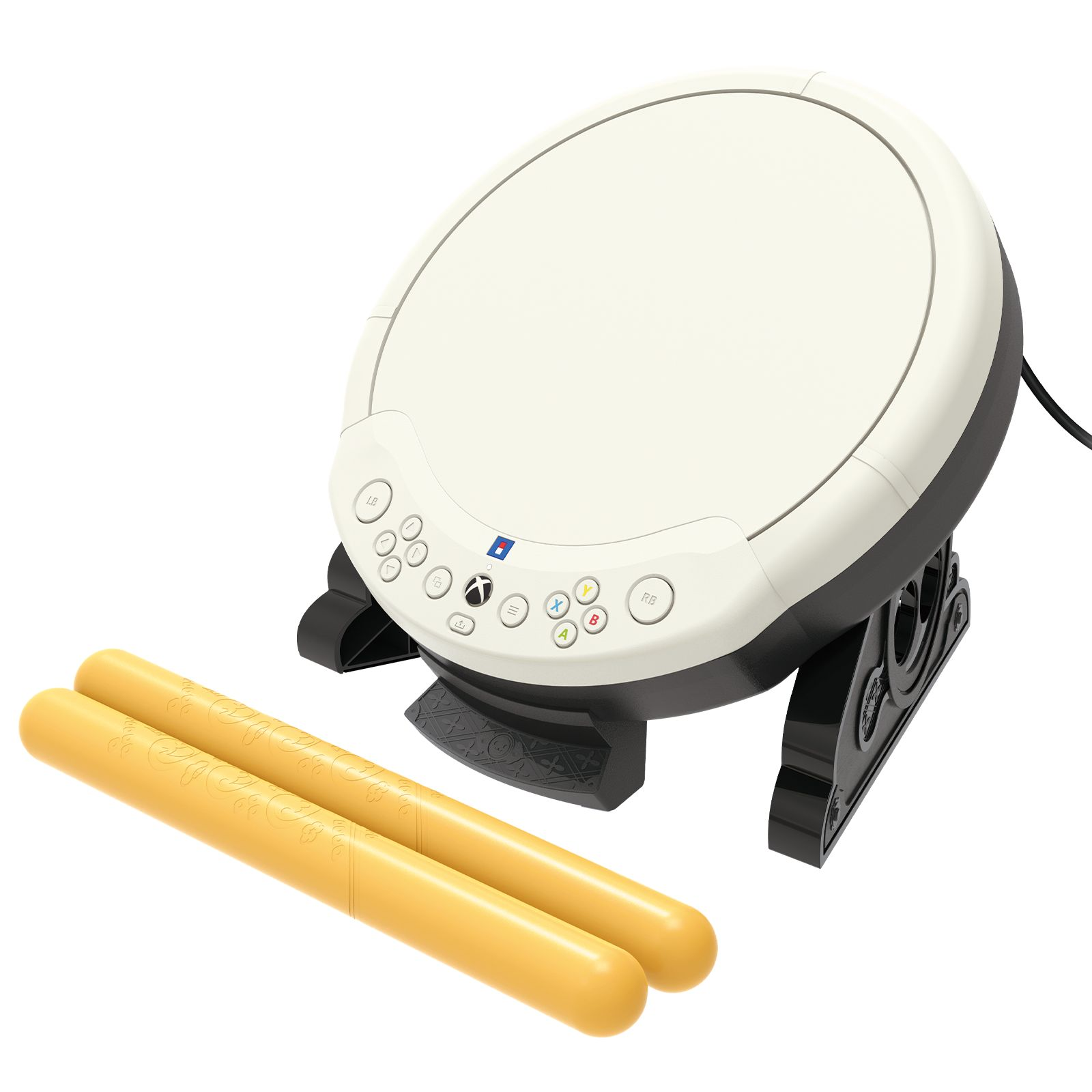 Schlagzeug-Controller, weiß und schwarz, mit gelben Drumsticks. Knöpfe sind sichtbar.