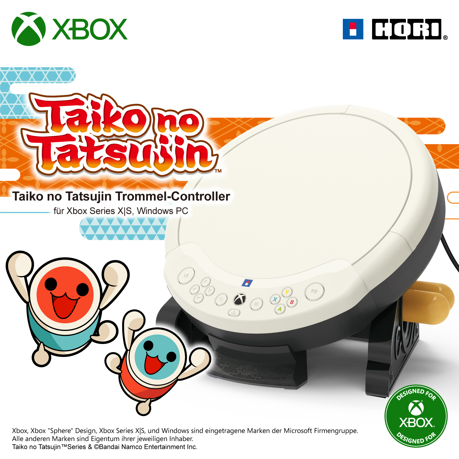 Taiko no Tatsujin Trommel-Controller, mit zwei Cartoon-Trommeln und einer weißen und schwarzen Trommel.