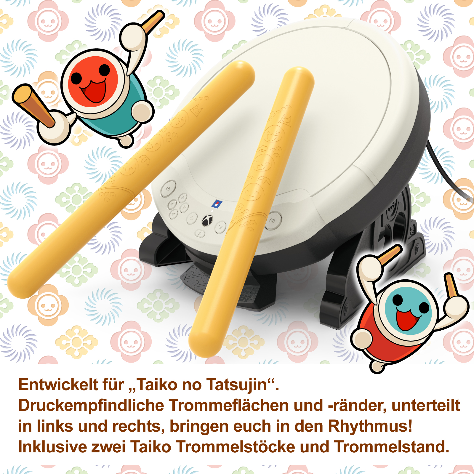 Taiko-Trommel mit Stöcken und Cartoon-Figuren auf gemustertem Hintergrund.