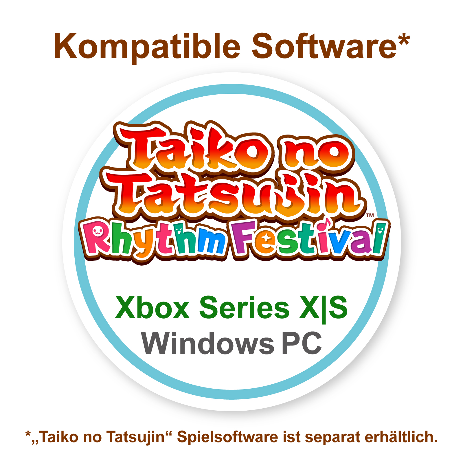 Kreis mit Spieltitel 'Taiko no Tatsujin Rhythm Festival' und Xbox- und Windows PC-Labels.