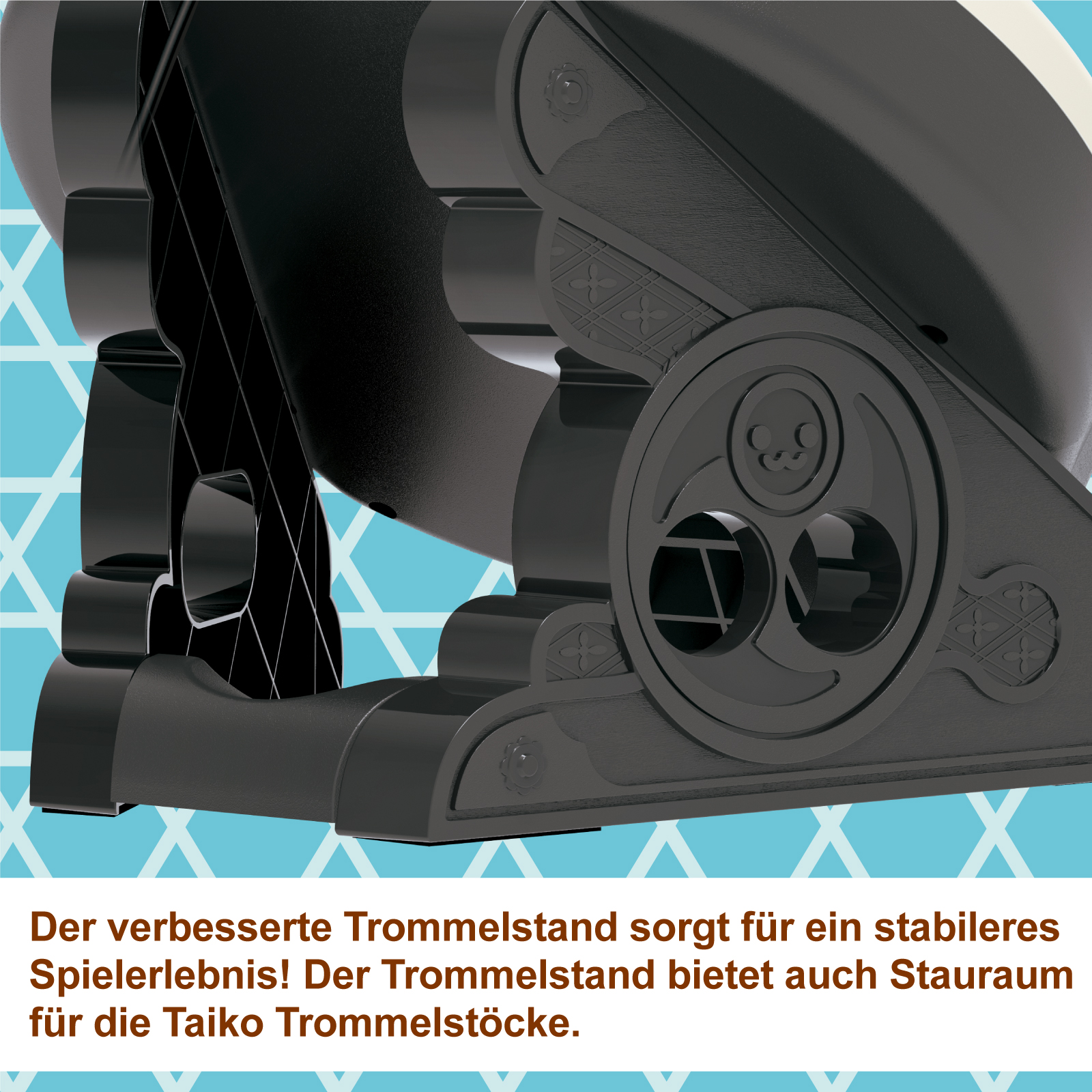 Schwarze Trommelständerbasis, Detailansicht. Geometrisches Design. Blauer Hintergrund mit weißen X-Formen.