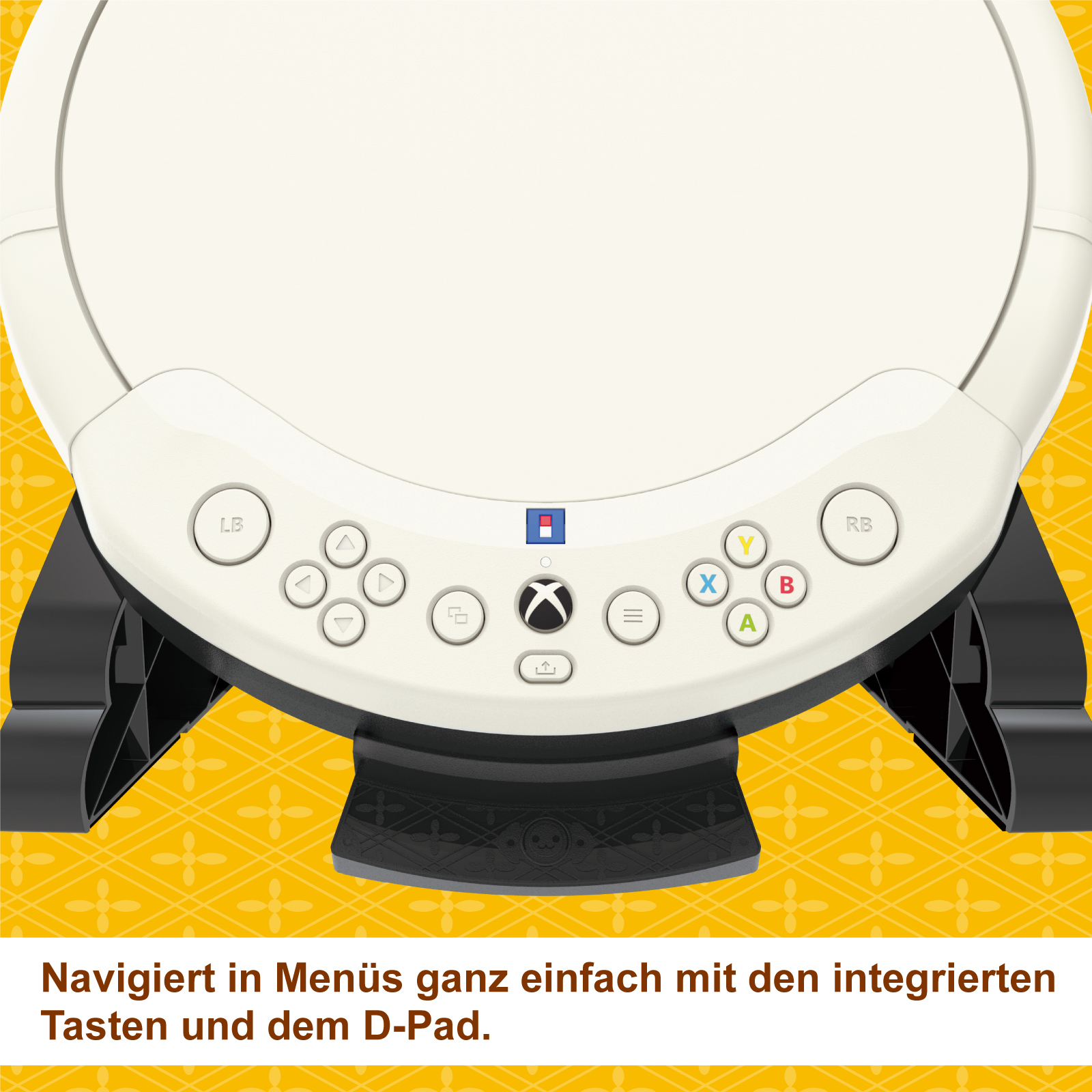 Spielcontroller. Tasten: LB, RB, X, Y, A, B. Richtungspad. Schwarze Stützstruktur.