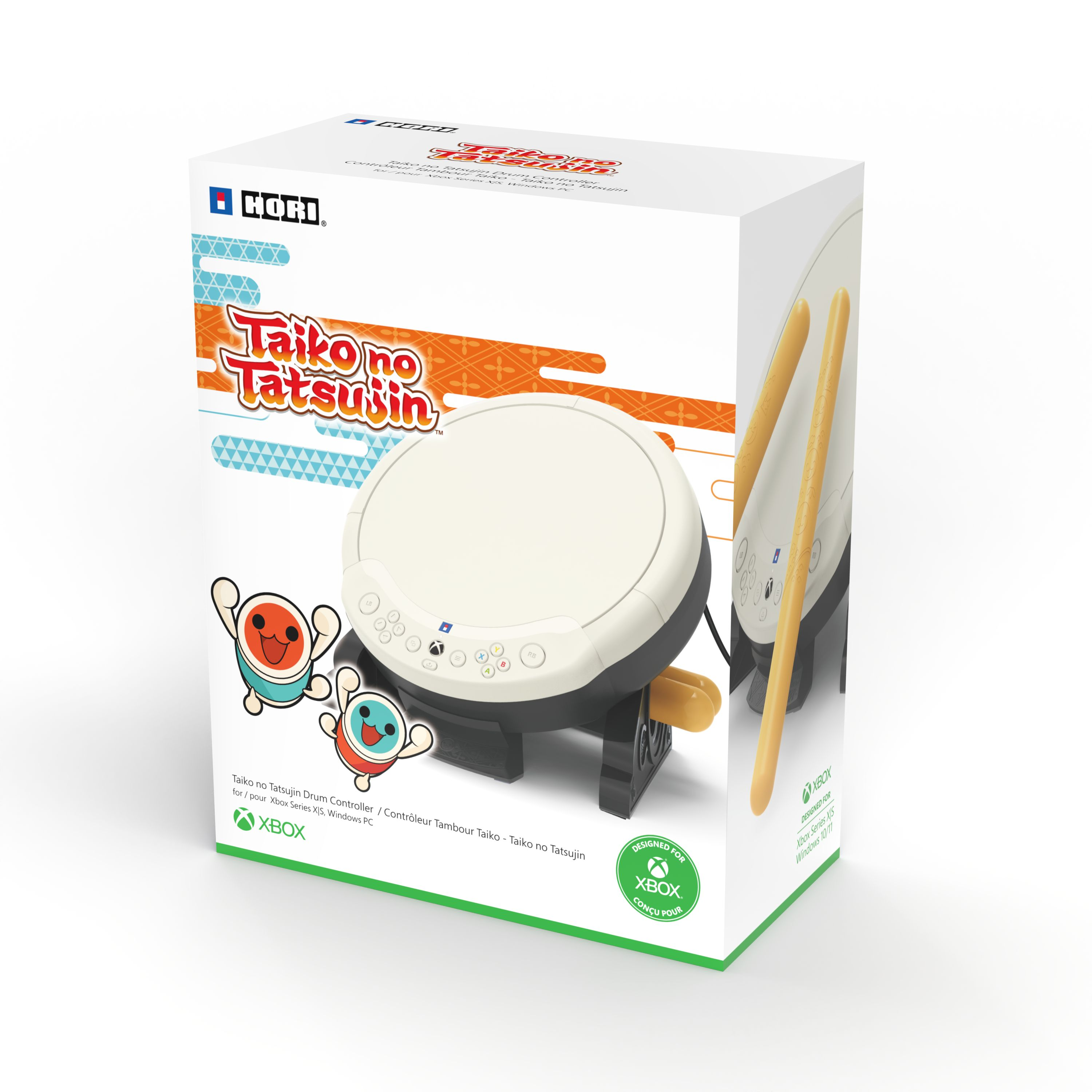 Taiko no Tatsujin Trommel-Controller-Box. Weiße Trommel, Stöcke und Zeichentrickfiguren werden gezeigt.