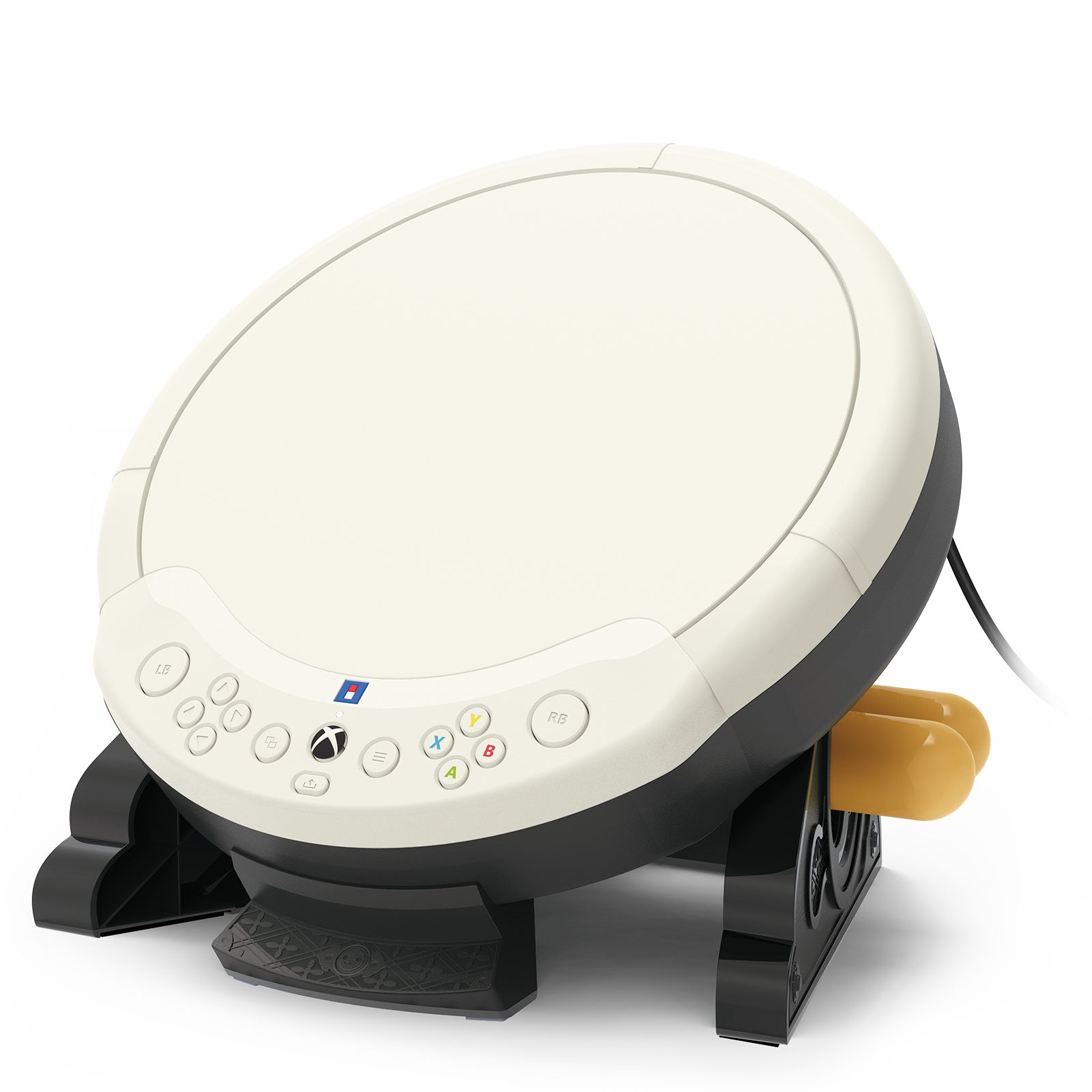 Ein weiß-schwarzer Gamecontroller, runde Form, mit Knöpfen. Gelbe Stützbeine.
