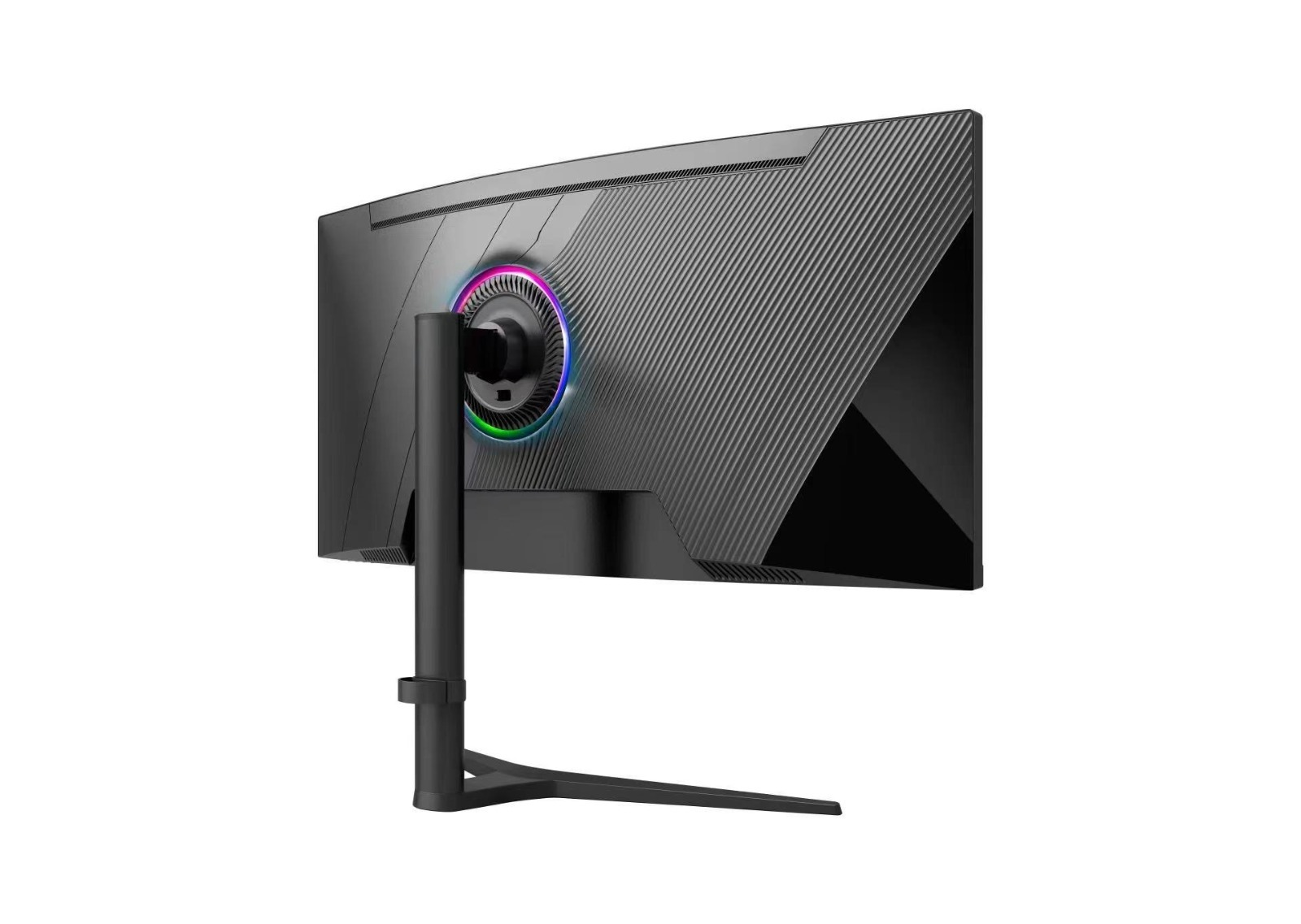 Kavisli siyah monitör, arka görünüm. Dokulu tasarım, ayaklık ve RGB aydınlatma.