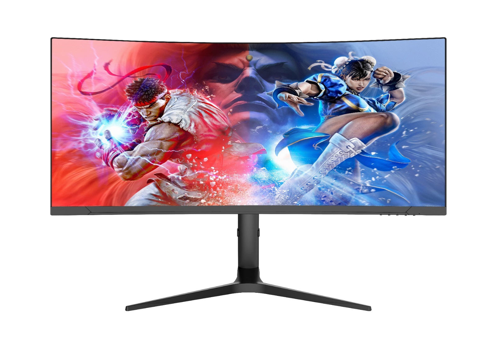 Kavisli oyun monitörü. Street Fighter karakterleri Ryu ve Chun-Li ekranda. Siyah stand.
