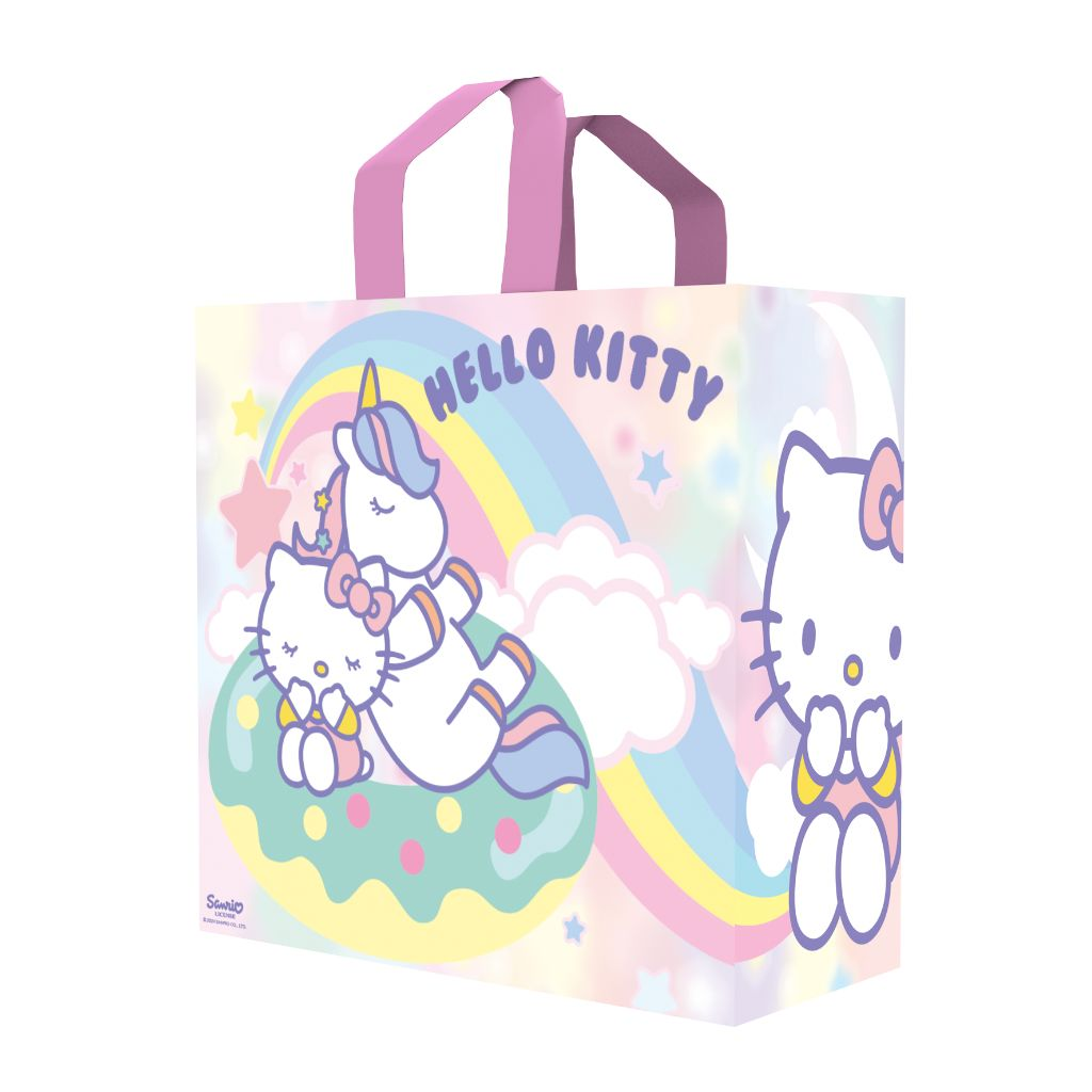 Hello Kitty Einkaufstasche mit Einhorn- und Regenbogen-Design. Cartoon-Stil.