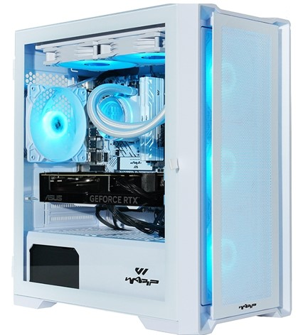 Mavi iç aydınlatmalı beyaz bilgisayar kasası, GPU ve fan gibi bileşenler.
