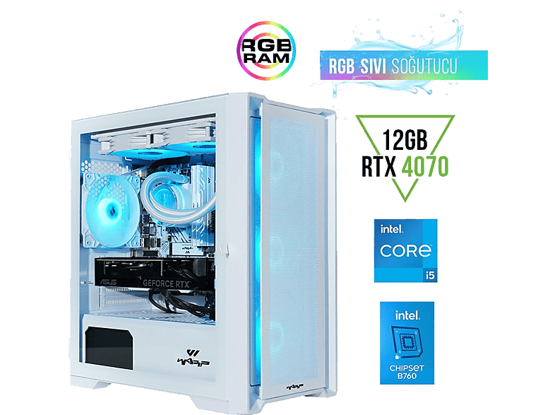 WARP Optima Intel i5 12400FB760 Cooling Asus RTX 407012 GB RGB 16 GB RGB/1TB/650 WFS Powers/Freedos Oyuncu Bilgisayarı Beyaz