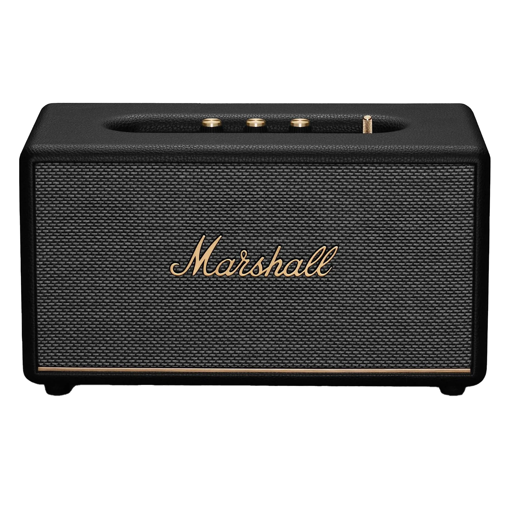 Czarny głośnik Marshall z szarą siatkową przednią częścią i złotymi akcentami.