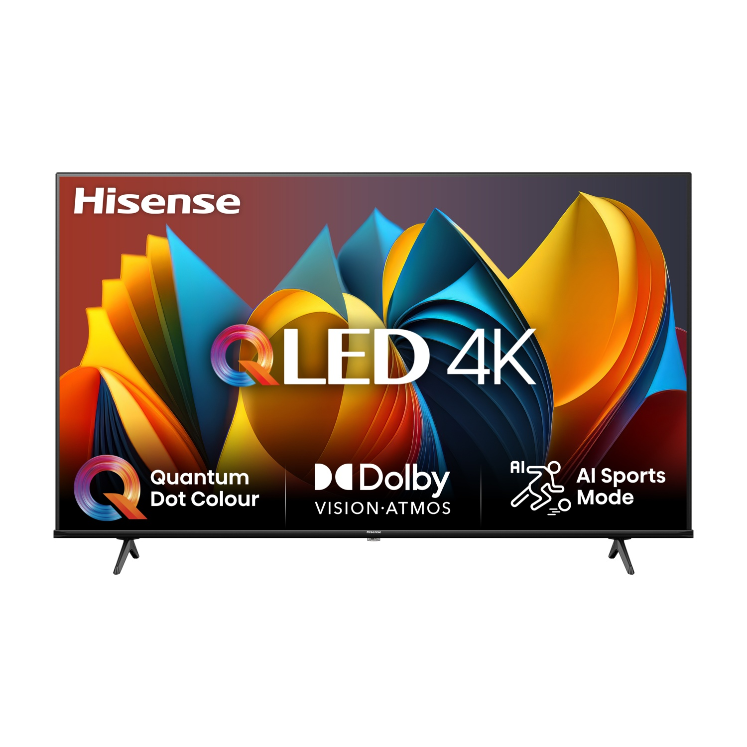 Un televisore Hisense QLED 4K con un design astratto colorato sullo schermo.