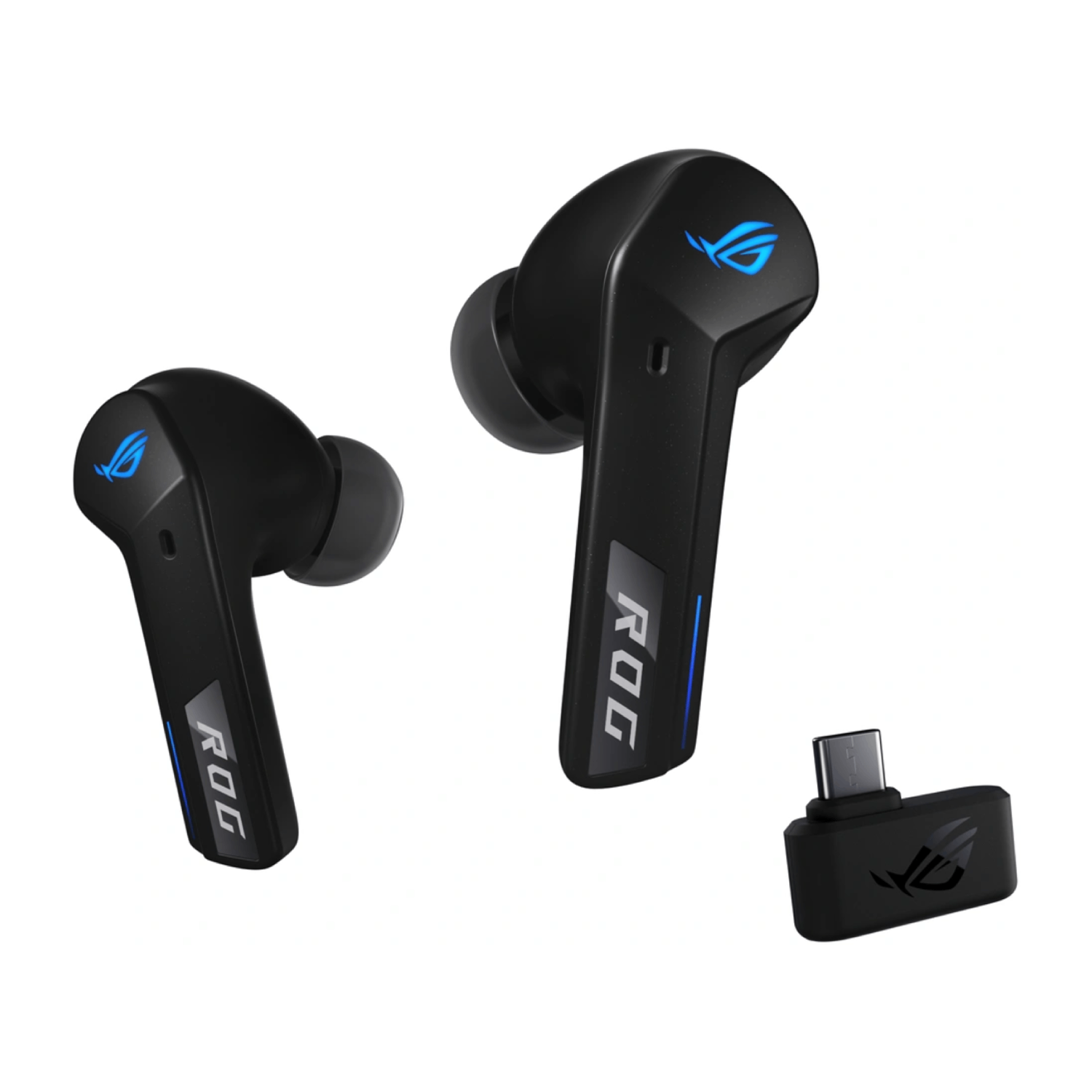 Black ROG earbuds and a charging case. The earbuds have blue accents and the ROG logo.