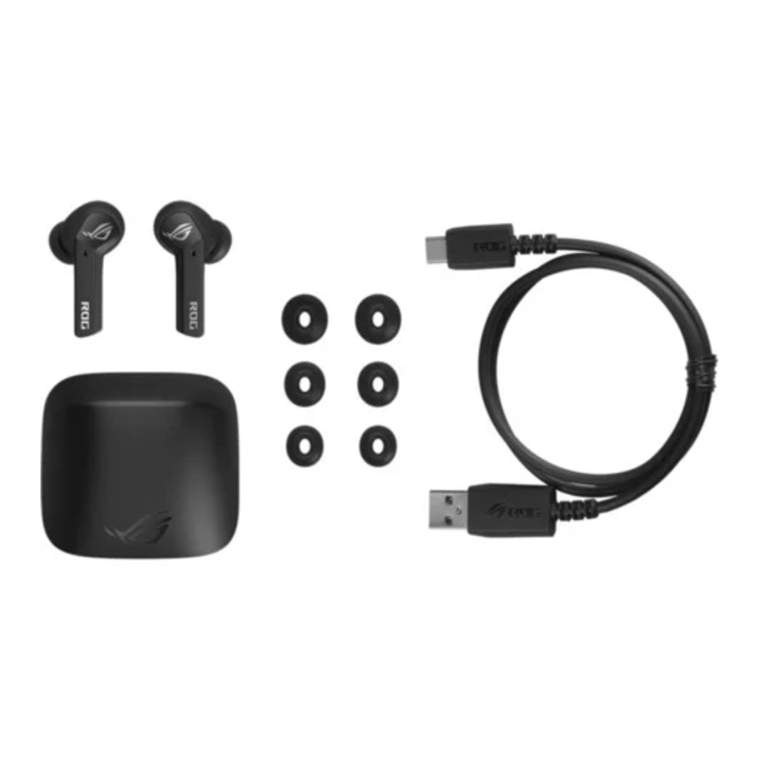Black wireless earbuds, charging case, and accessories. White background.