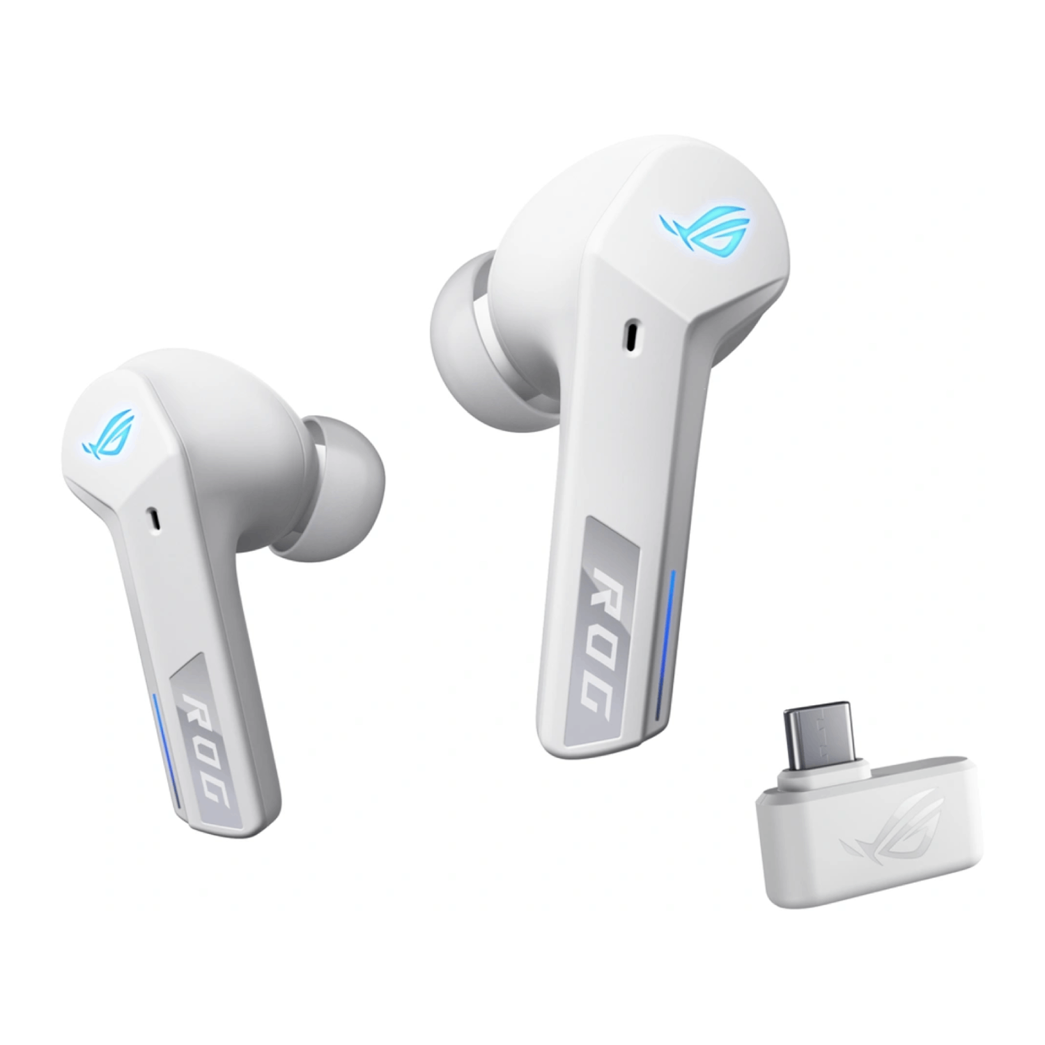 White earbuds with logo, and a charging case on a white surface.