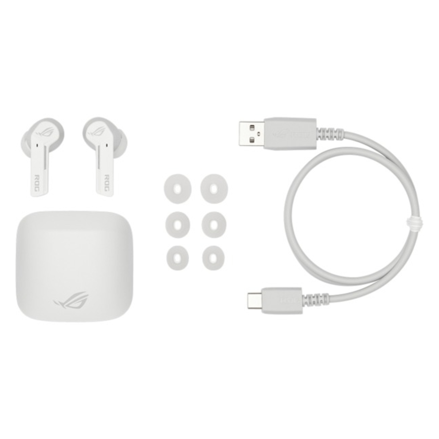 White earbuds, charging case, and accessories, arranged on a white surface. A charging cable is included.