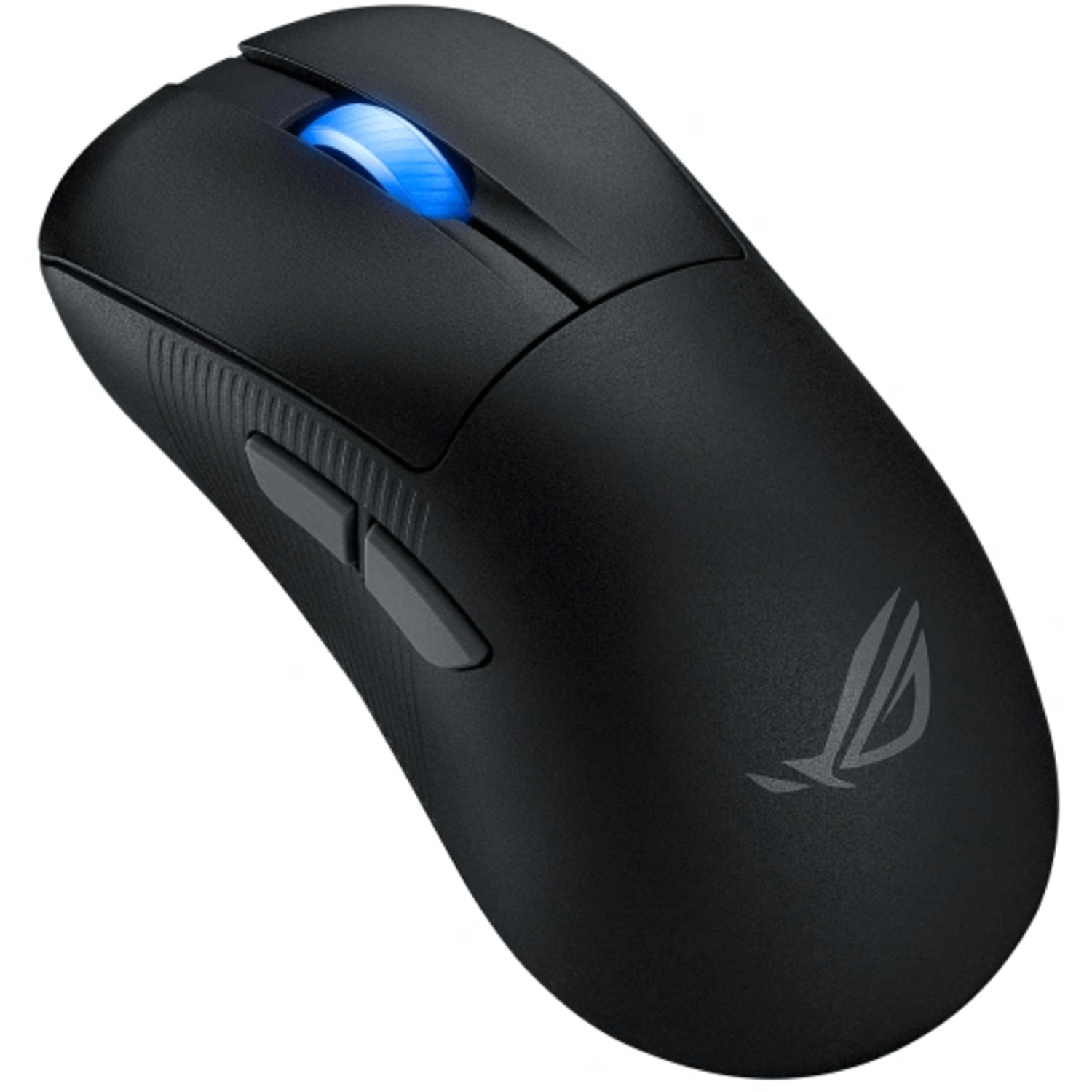 Black gaming mouse with blue light on scroll wheel and buttons.