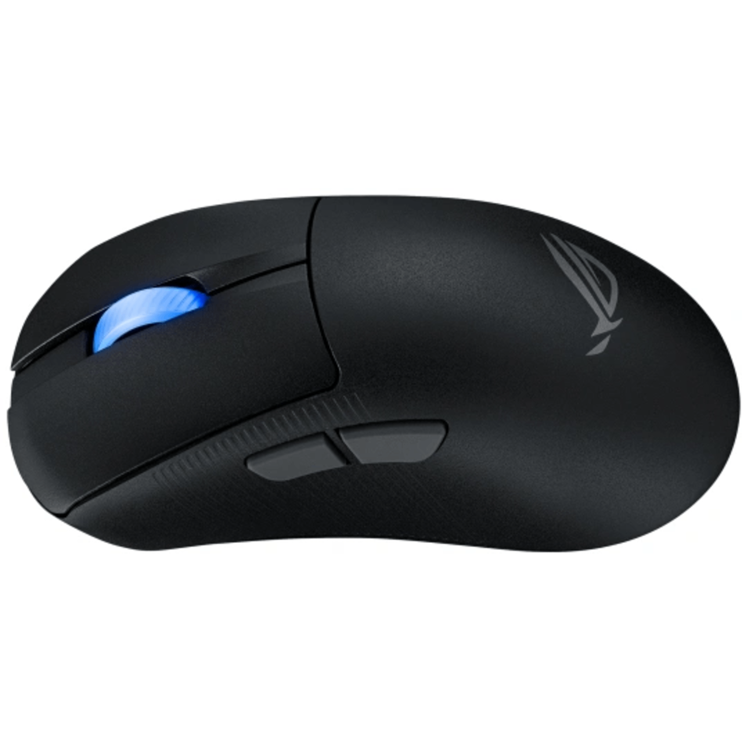 A black gaming mouse with a blue scroll wheel and the ROG logo on a white background.