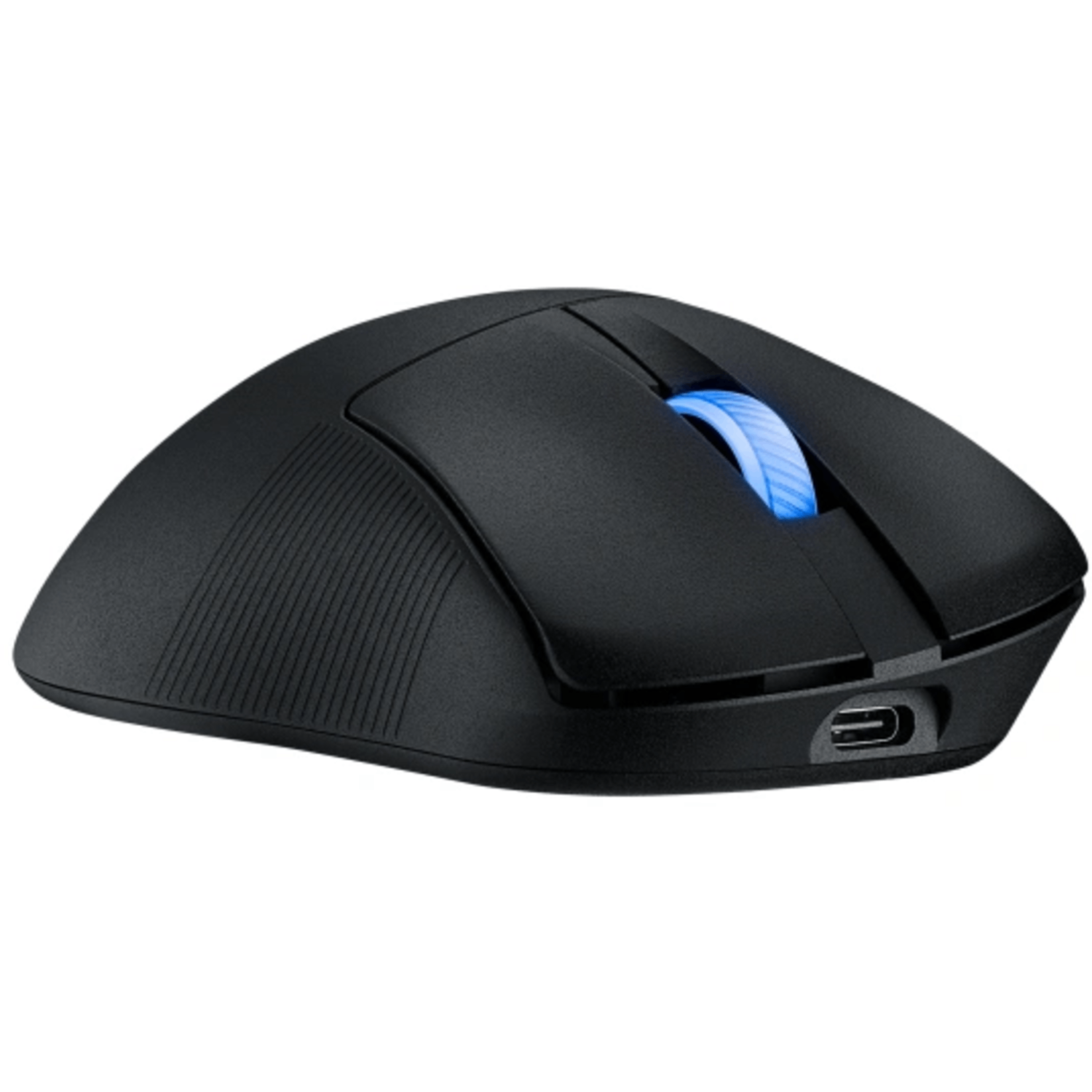 A black wireless mouse with a blue scroll wheel. It is on a white background, side view.