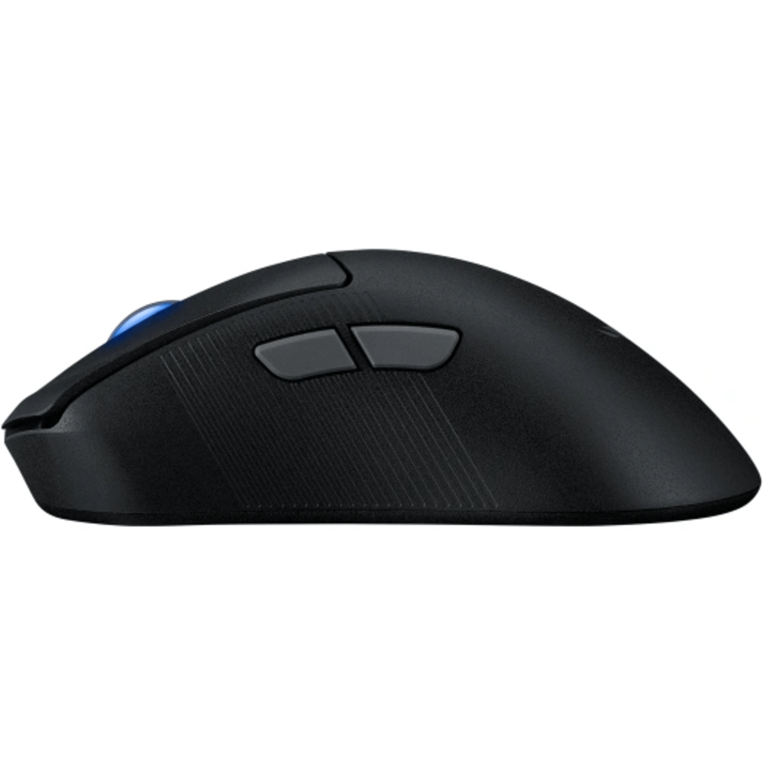 A black computer mouse with two side buttons and a blue light on the top.
