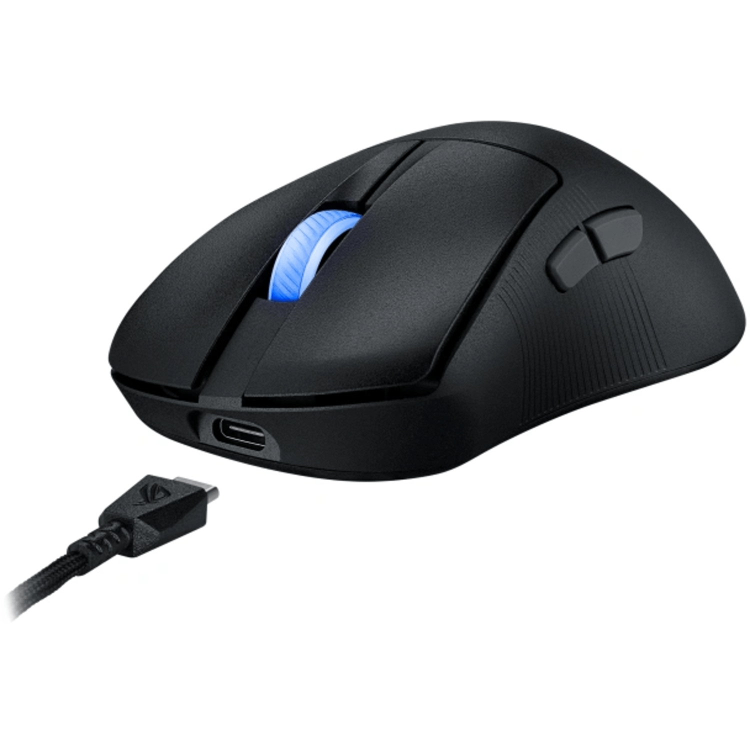 Black computer mouse with a USB cable and a blue glowing wheel.