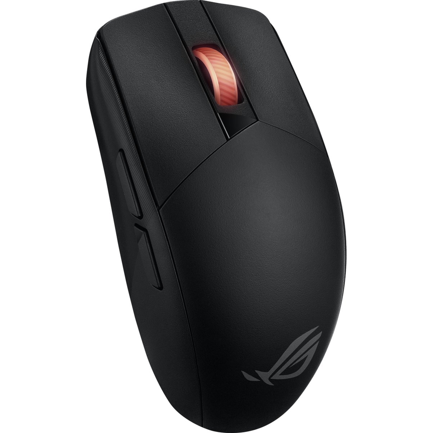 A black gaming mouse with a red scroll wheel. The mouse has the ROG logo.