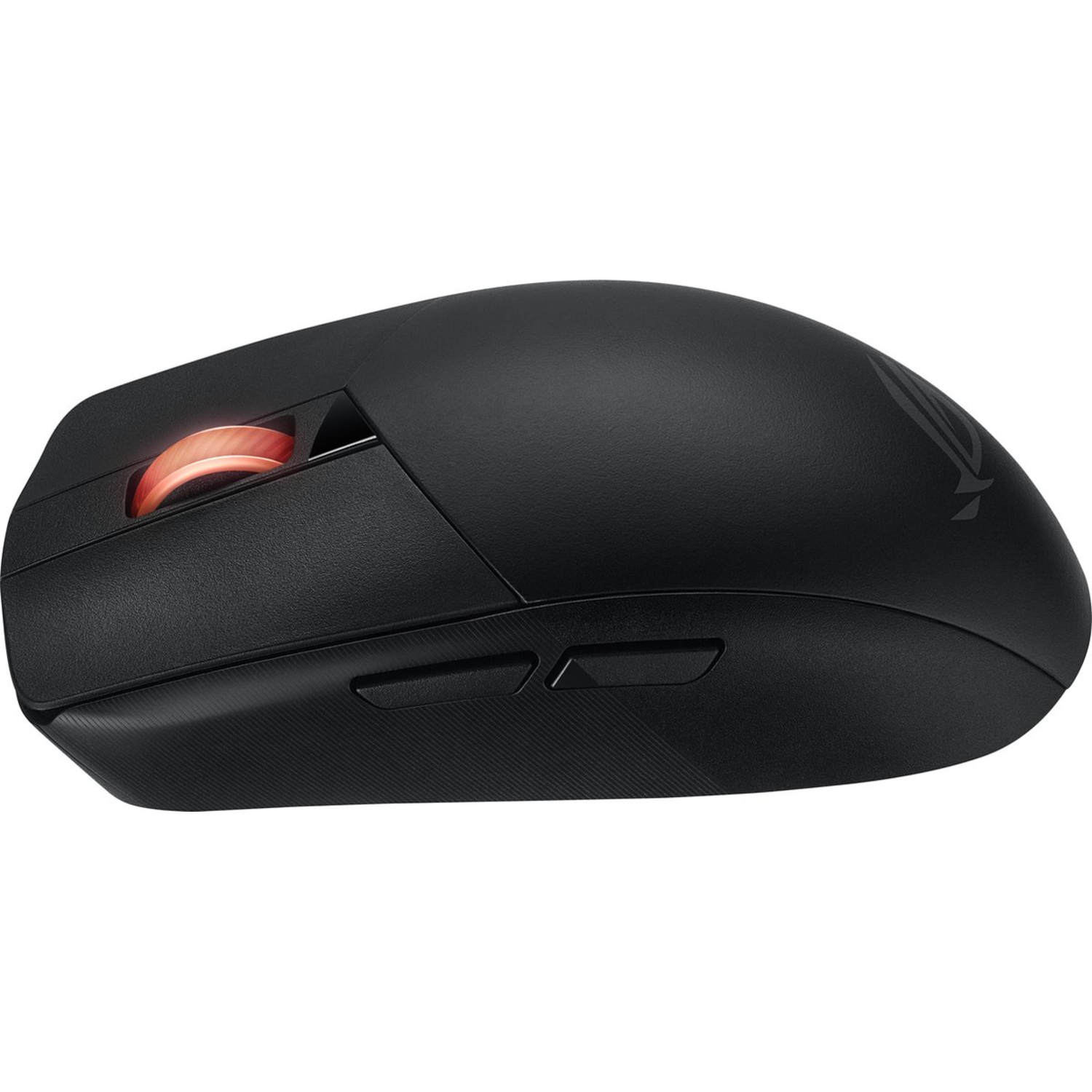 Black ROG gaming mouse with orange scroll wheel on a white background.
