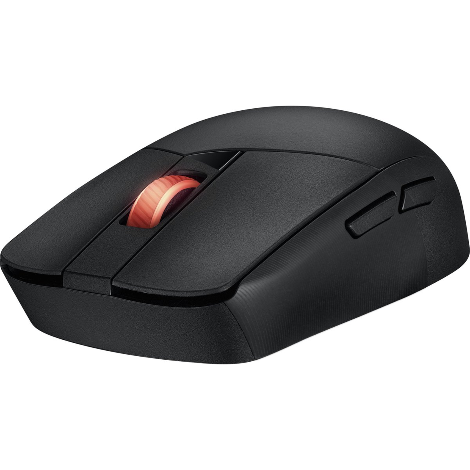 Black computer mouse with a red scroll wheel. Angled view. White background.