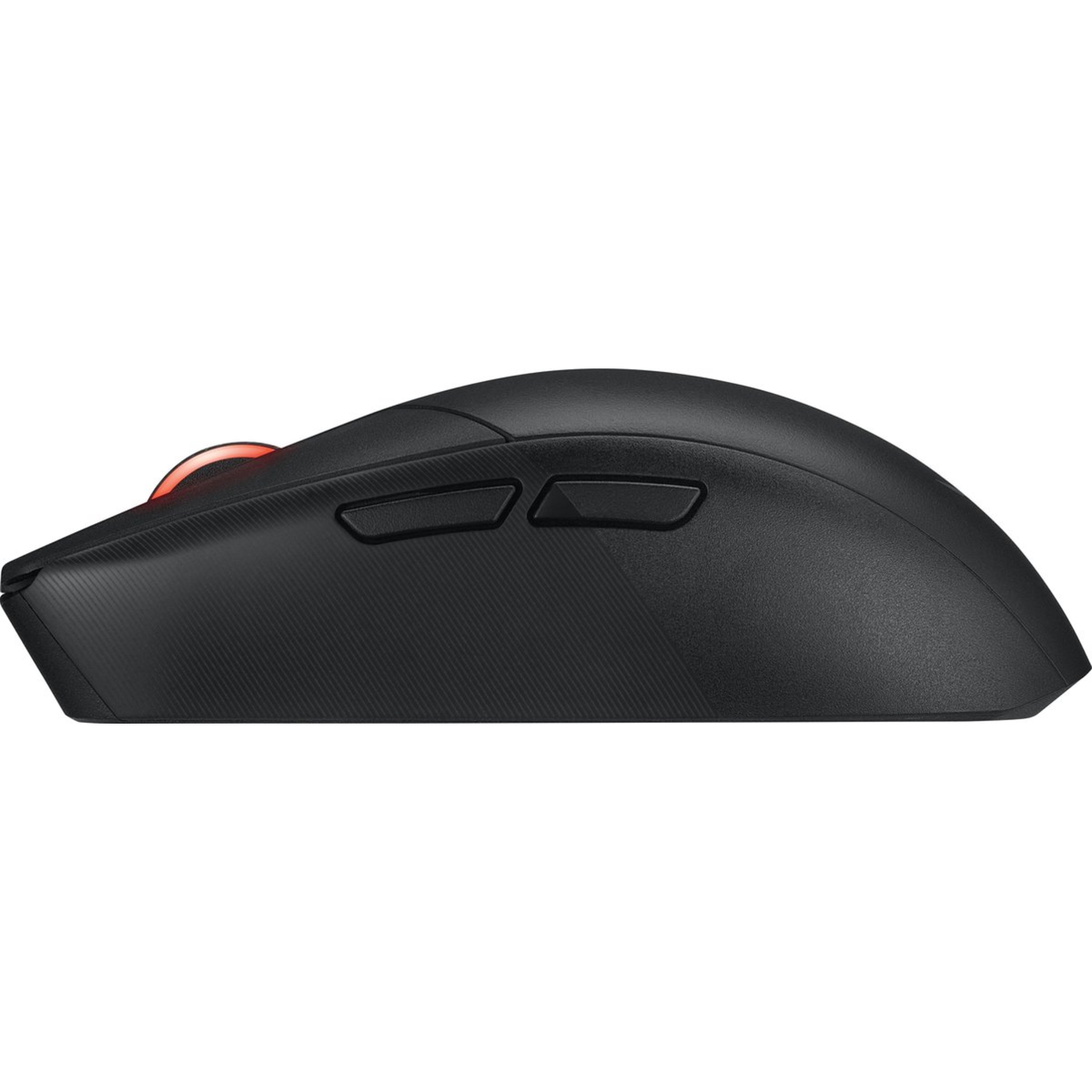 A black computer mouse seen from the side, with two buttons and a red accent on the top.