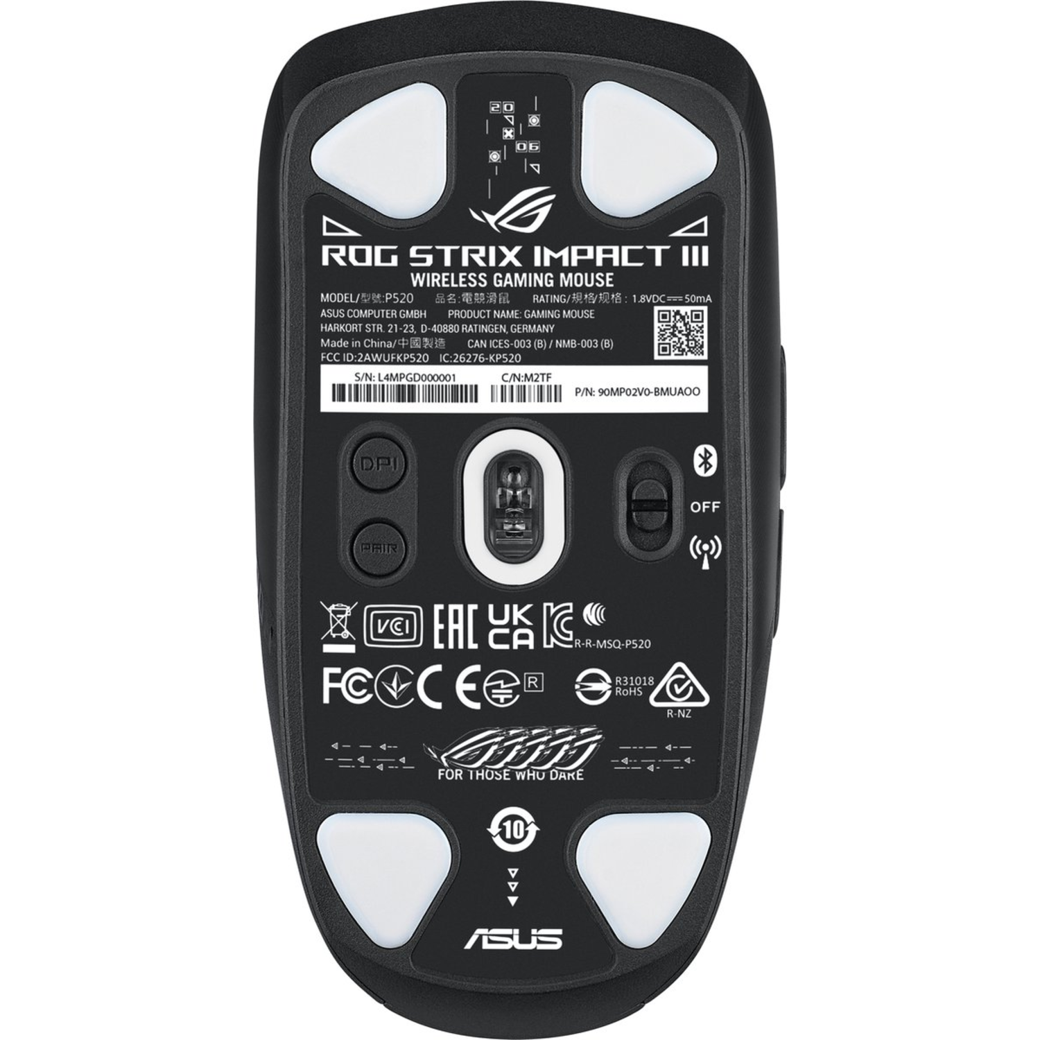 Bottom view of a black gaming mouse with various buttons and logos, on a white surface.