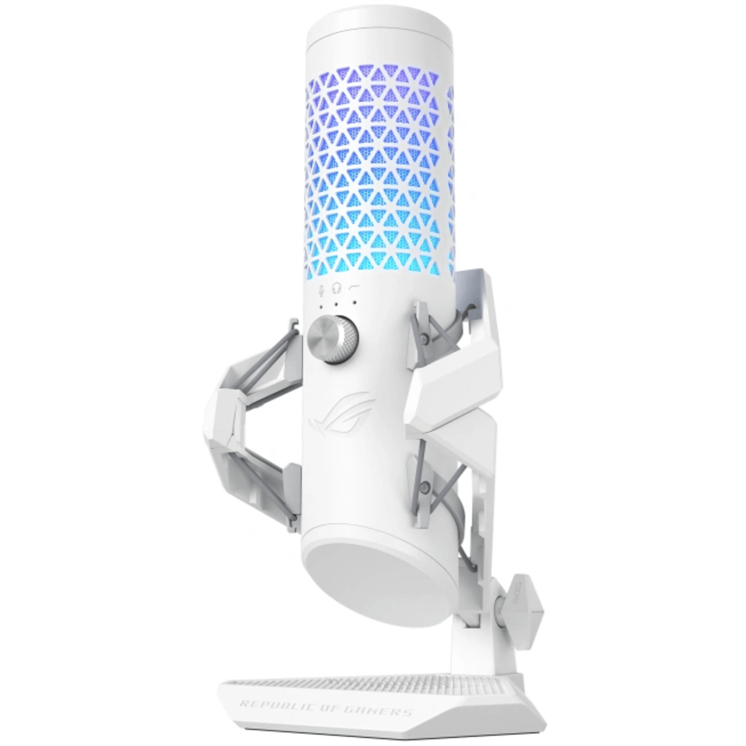 White microphone with a stand. The top has blue and purple lights. It is in a studio setting.