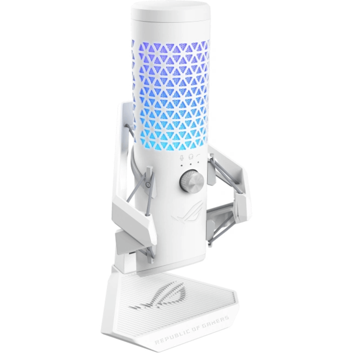 A white microphone with a stand. It has a cylindrical body with blue and purple lights.