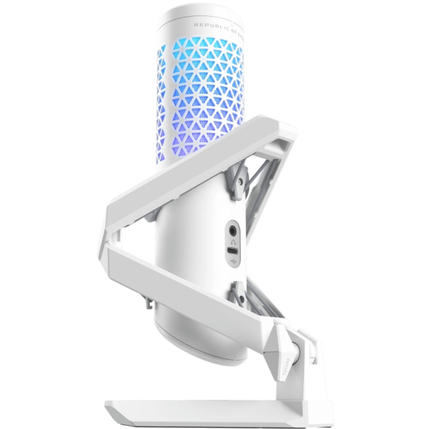 White microphone on a stand, with a blue and purple illuminated top section.