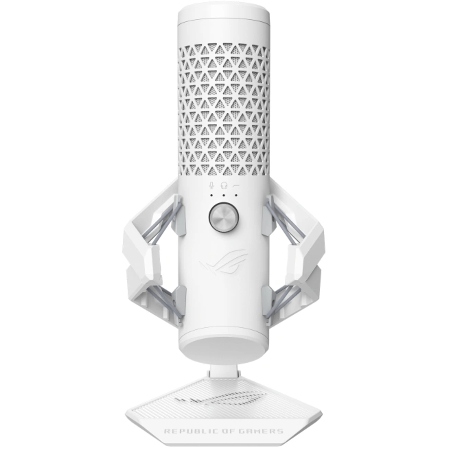 A white microphone on a stand. It has a mesh top and a silver button. ROG logo is visible.