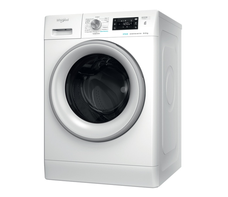 Fehér mosógép Whirlpool logóval.